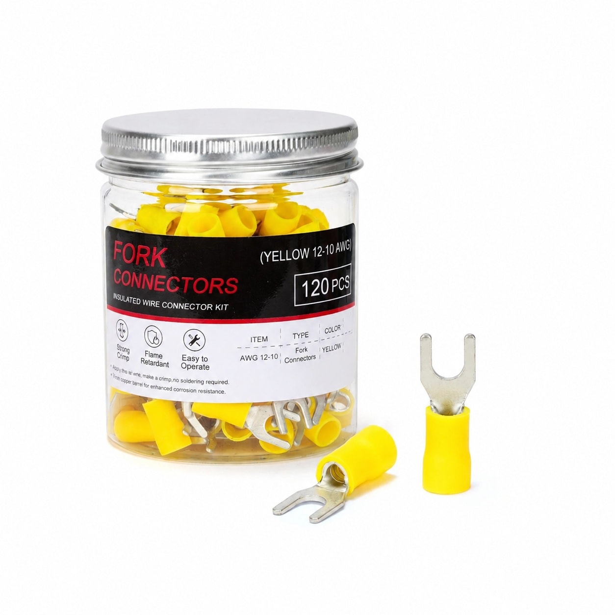 Afoxsos 120PCS Yellow Insulated Fork Spade Wire Connectors for 12-10 AWG Wire with M5 Stud Size 10 Tinned Copper U Type Electrical Crimp #LAF0823FA0383