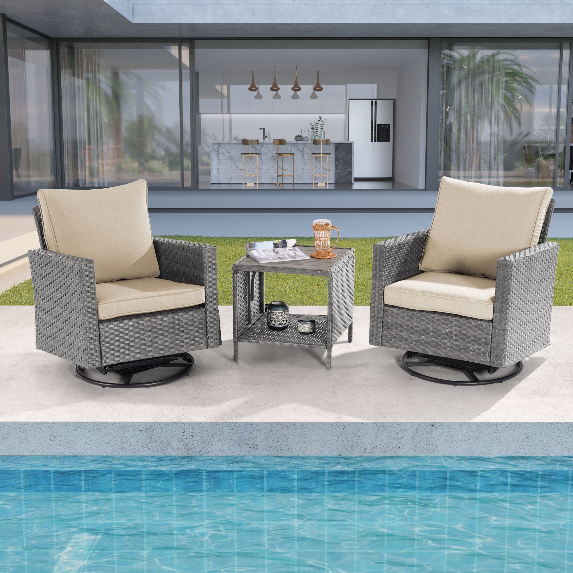 ACEGOSES LW-2R-HBG-T3 Patio Swivel rocker chairs 3 -Piece Wicker Patio Conversation Set with Tan Cushions