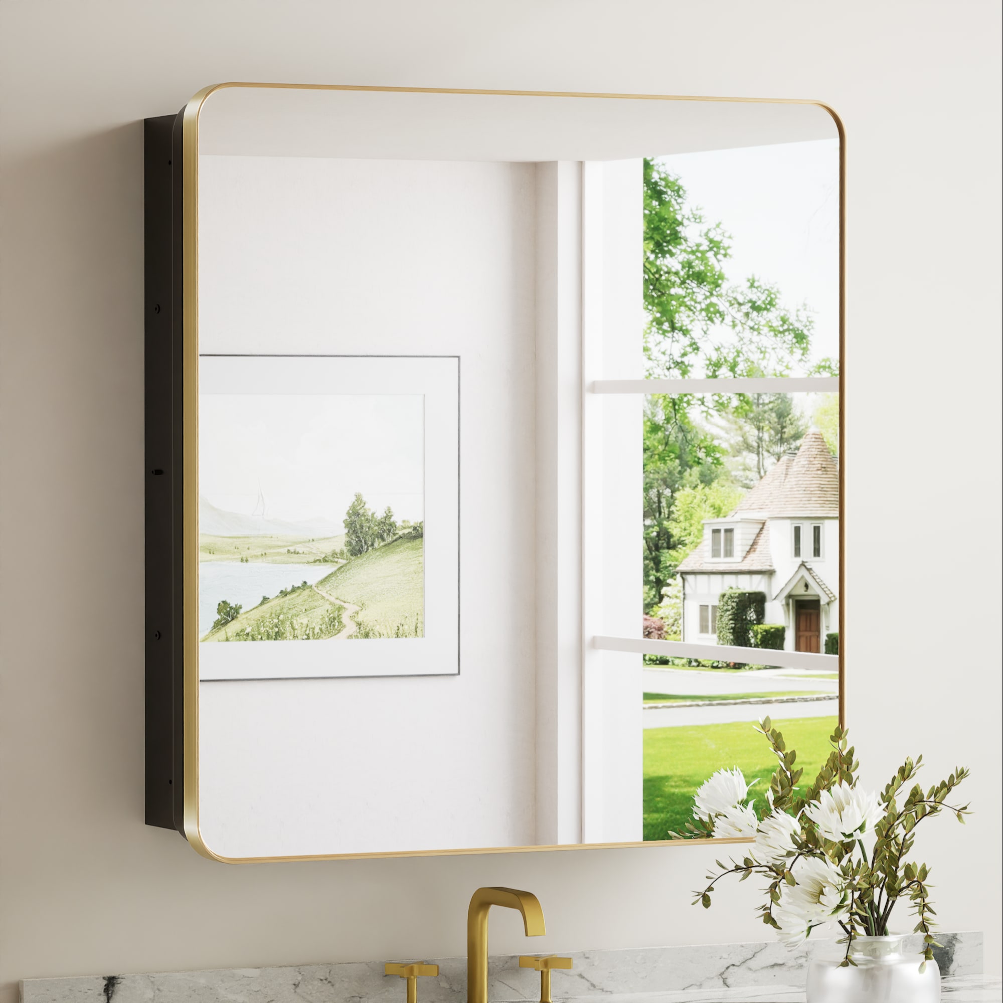Keonjinn LW-JSKJG-YJ-7681GD 30-in x 32-in Surface/Recessed Mount Gold Mirrored Rectangle Soft Close Medicine Cabinet