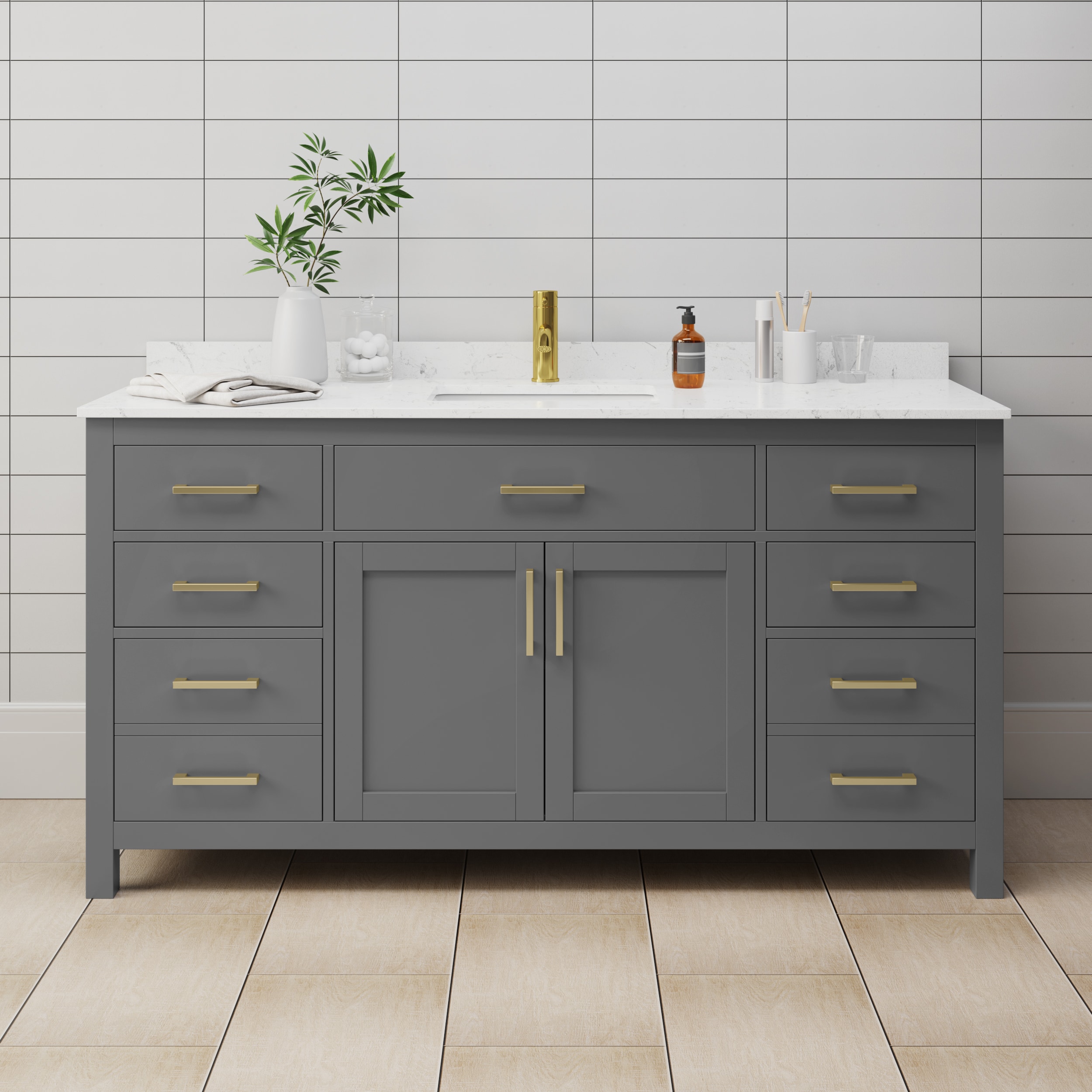 Wyndham Collection WCG242466SGGCCUNSMXX Beckett 66-in Dark Gray with Brushed Gold Trim Undermount Single sink Bathroom Vanity with Carrara Cultured Marble Cultured marble Top