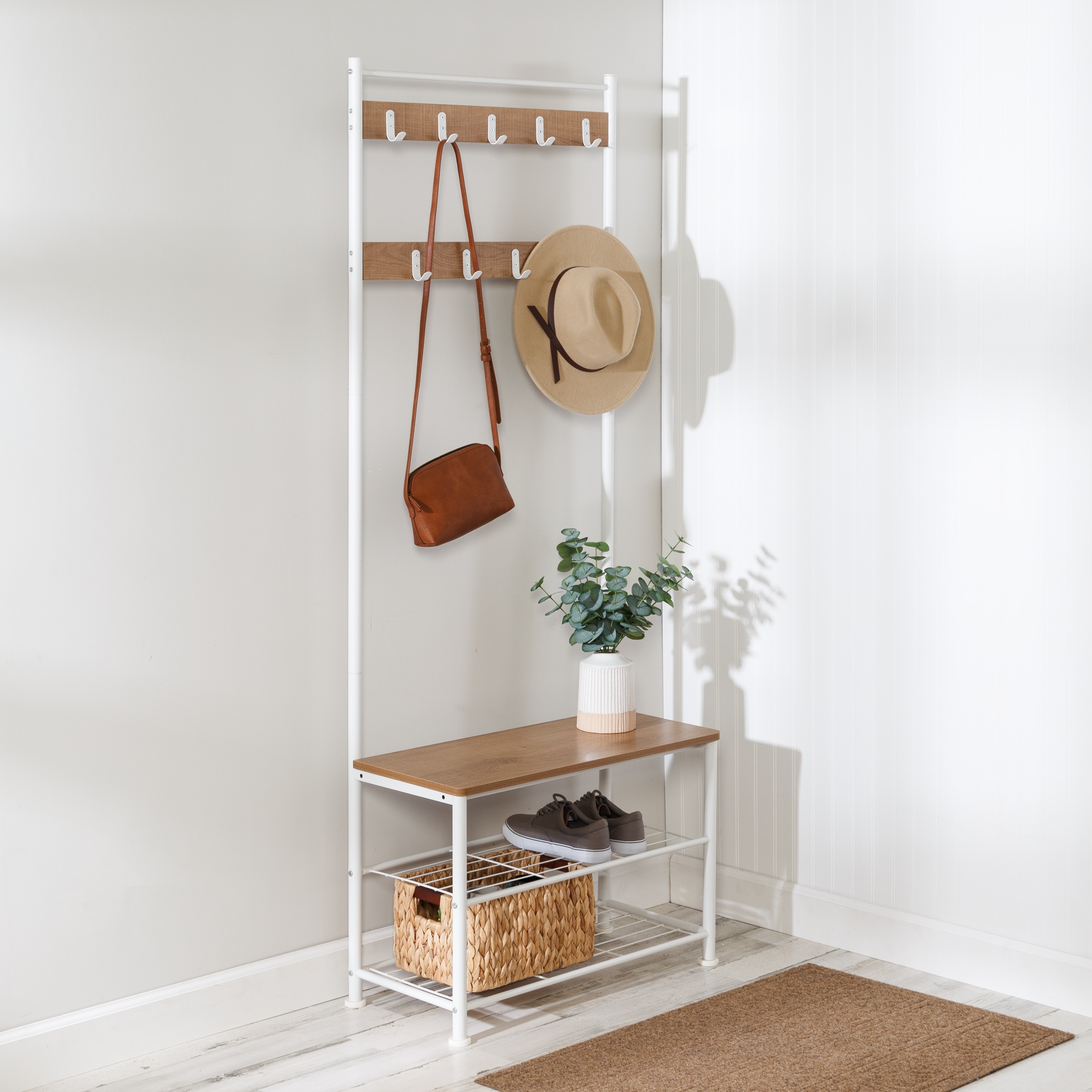 Prepac Hanging Entryway Shelf with Shoe Cubby Bench - White