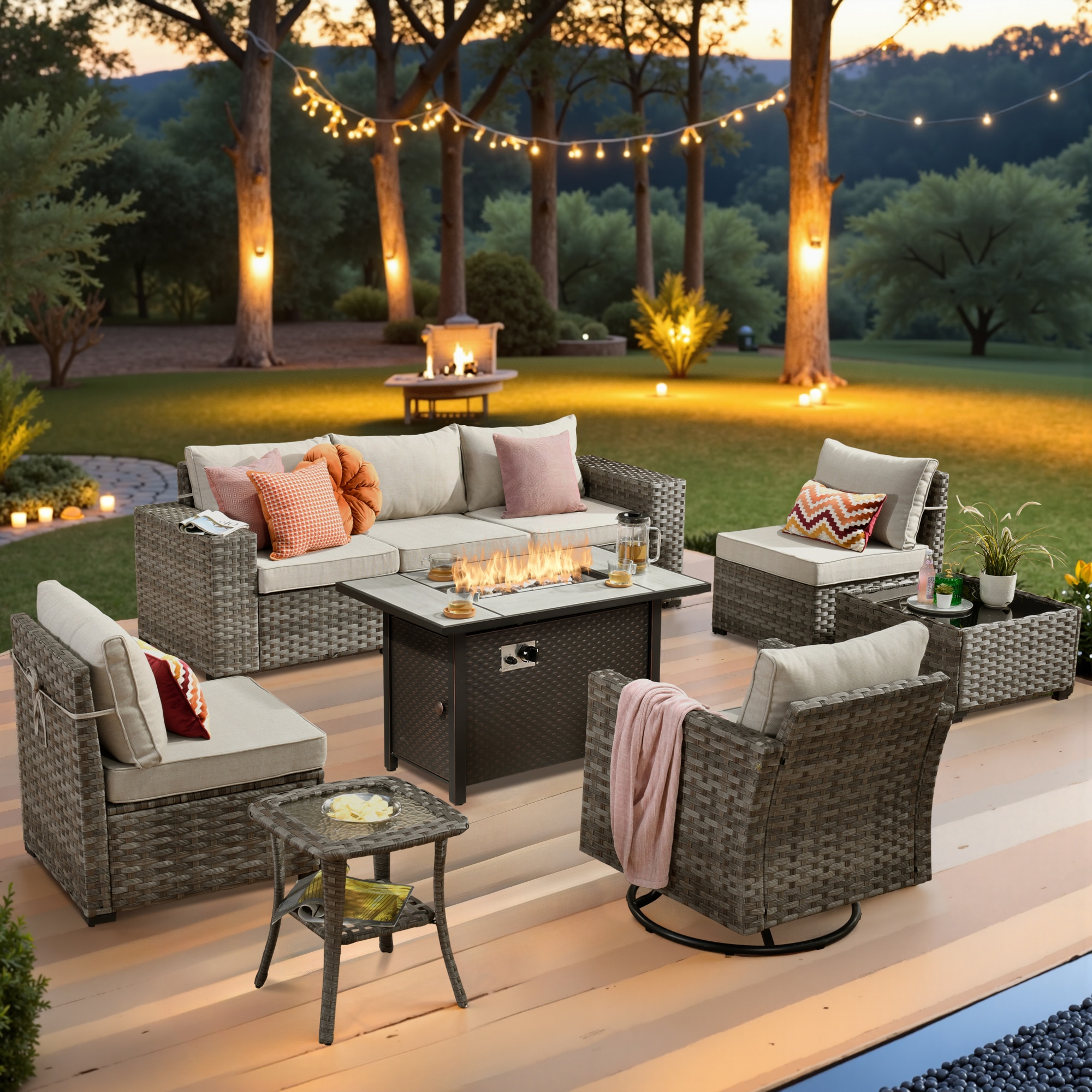 Ovios RFPKFS600Y1 9-Piece Wicker Patio Conversation Set with Beige Cushions