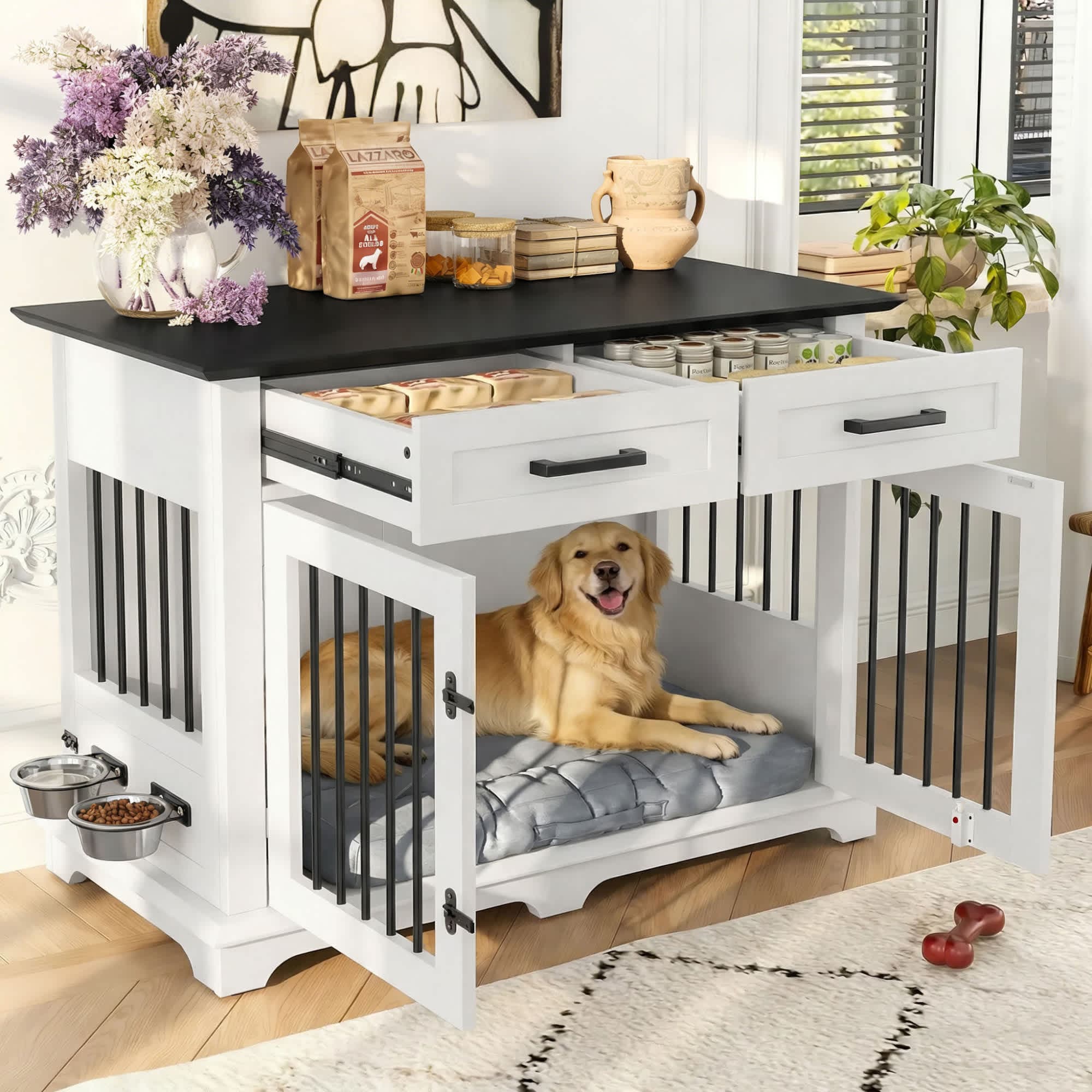 Roomfitters  44-Inch Decorative Dog Crate Furniture Indoor Wooden Kennel End Table with 360 Rotating Bowls White and Black
