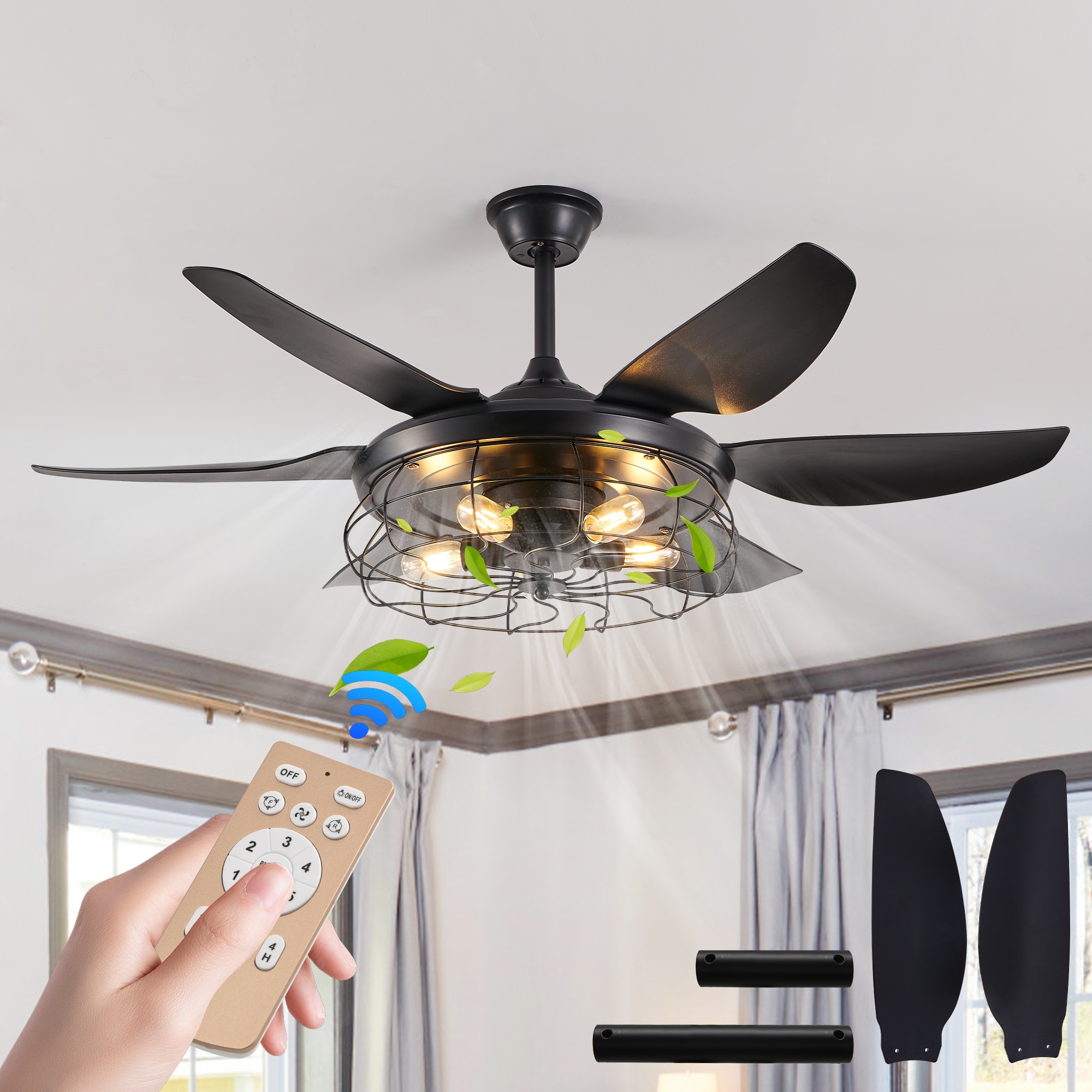 Sunrinx MG12-CF-6 52-in Outdoor Black with Brown Blades Cage Ceiling Fan Without Light - Remote Included ( 6 -Blade )