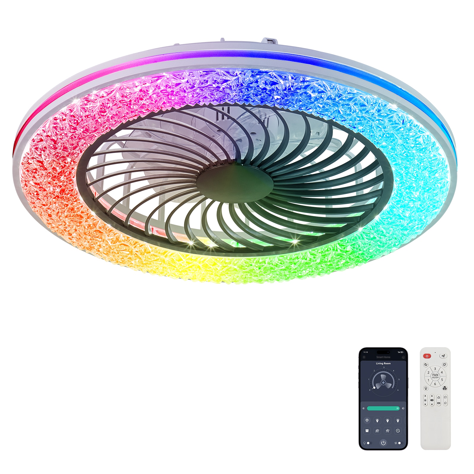 Zitrend 23-in White and Black RGB Ceiling Fan With Light Crystal Style Low Profile LED Fandelier with 7 Blades App Control and Remote Control Included