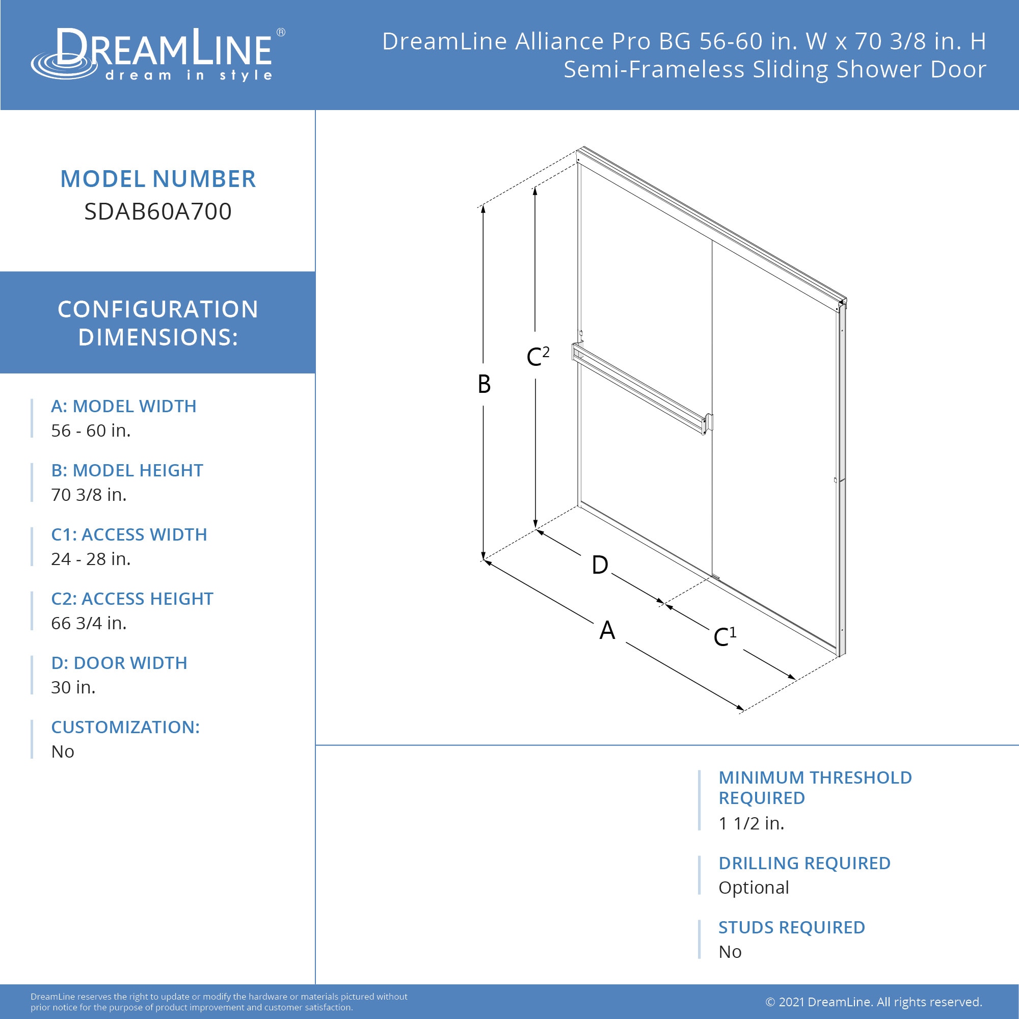 DreamLine Sdab60a700vxx01 Alliance Pro BG 56-60 inch W x 70 3/8 inch H Semi-Frameless Sliding Shower Door in Chrome