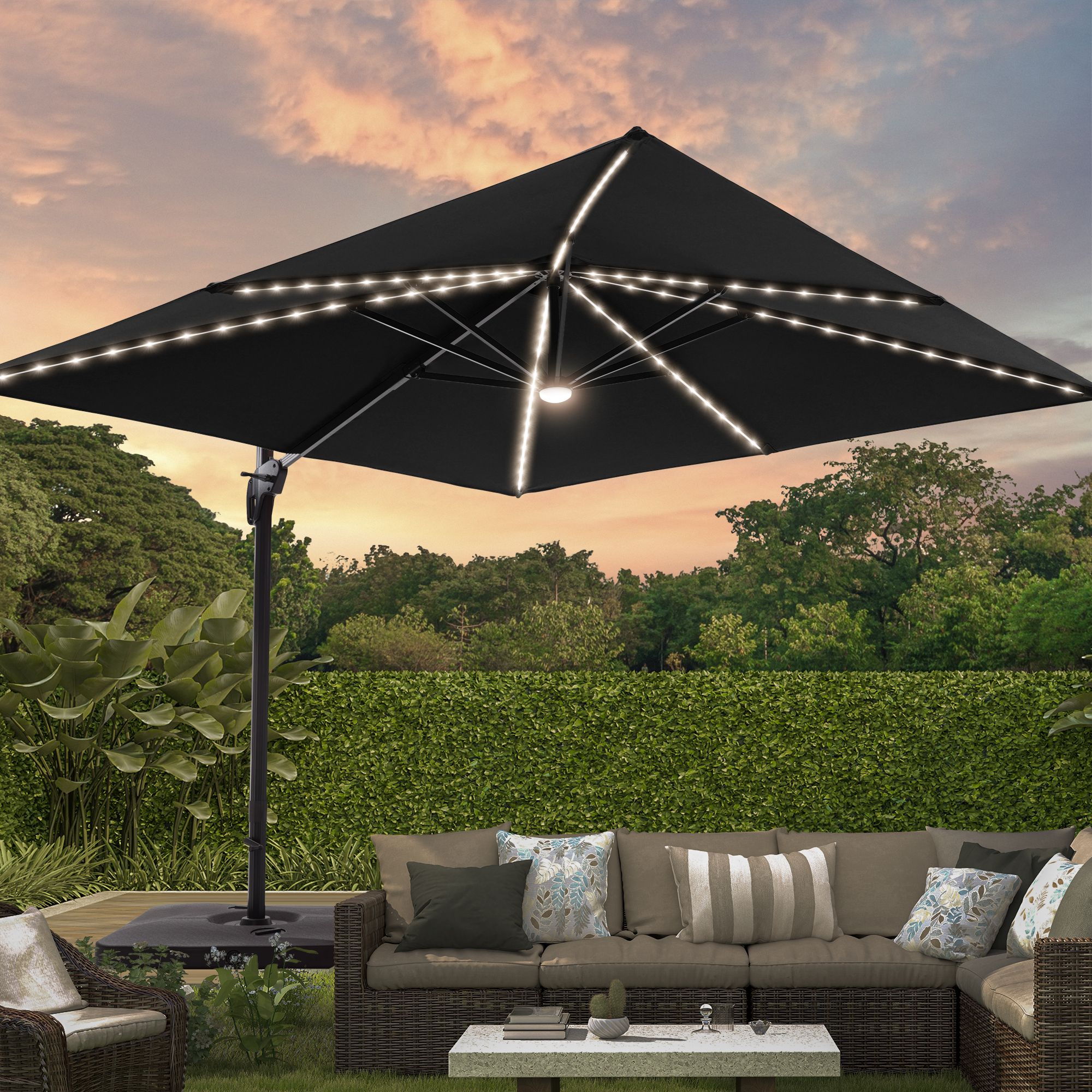 Sonkuki SD-LEDZD33-BK 10-Feet Aluminum Black No-tilt Cantilever Patio Umbrella with Lights and with Base