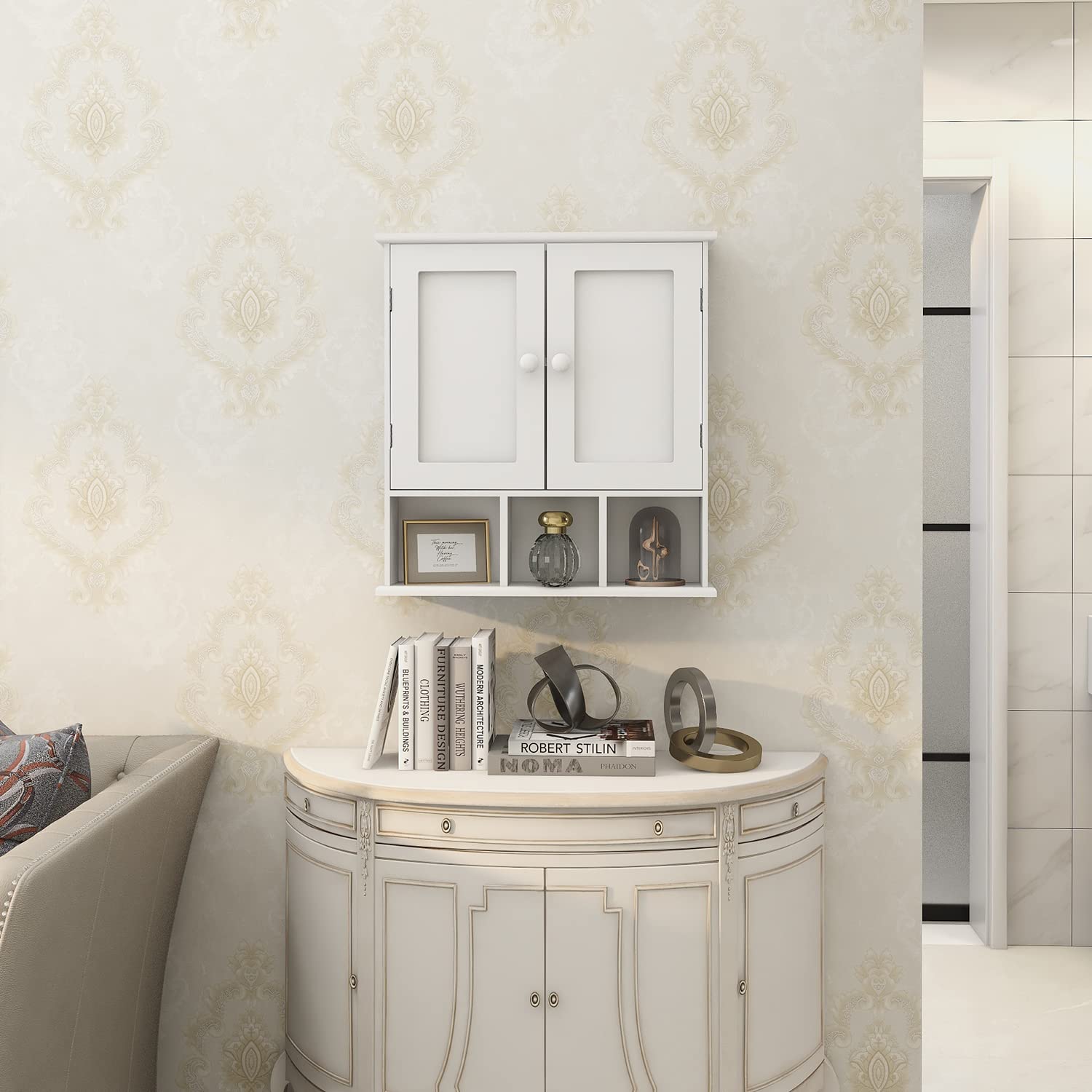Lovav White Bathroom Wall Cabinet Over Toilet Adjustable Shelves Storage Kitchen Laundry