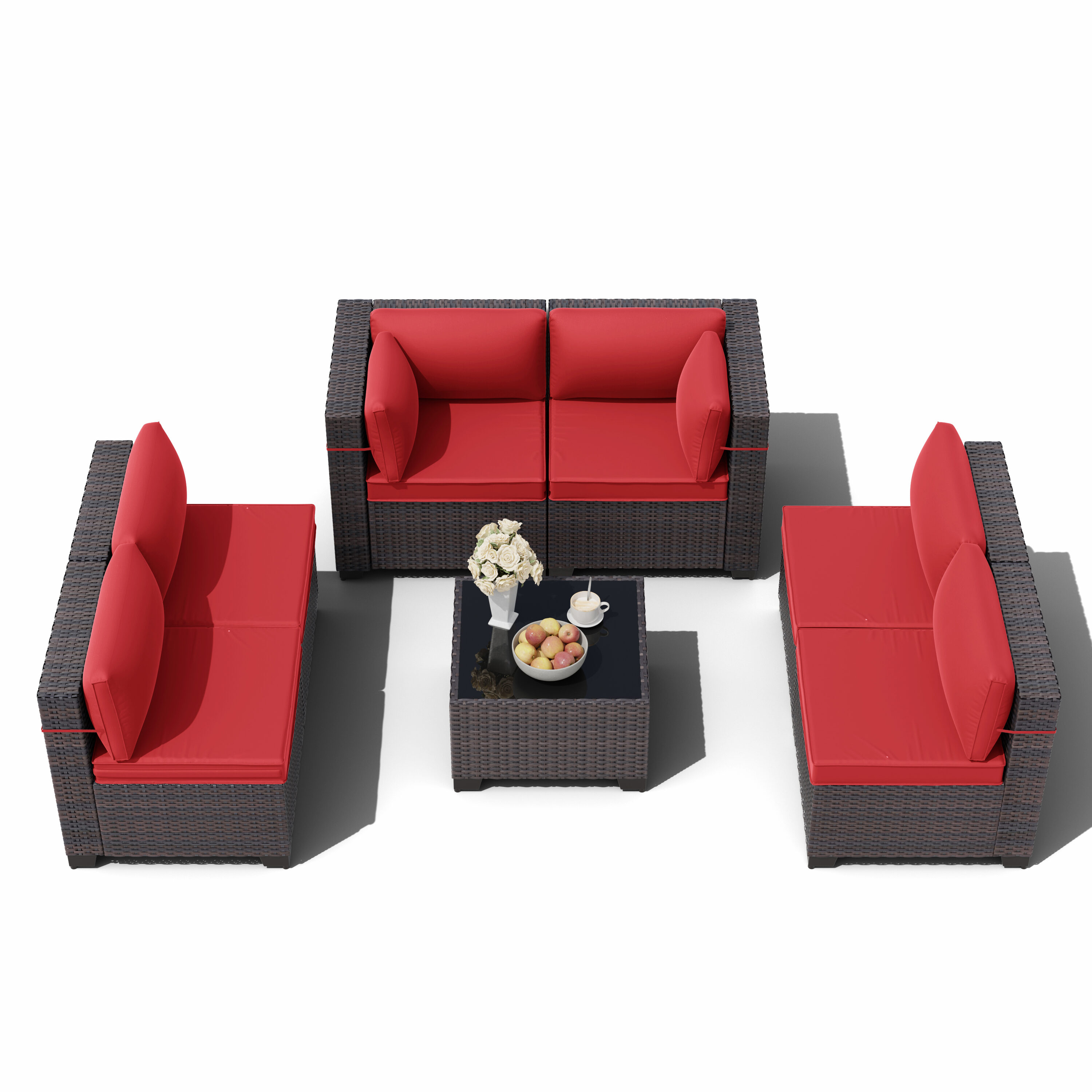 ALAULM LS-7PCS-RED 7 -Piece Rattan Patio Conversation Set with Red Cushions