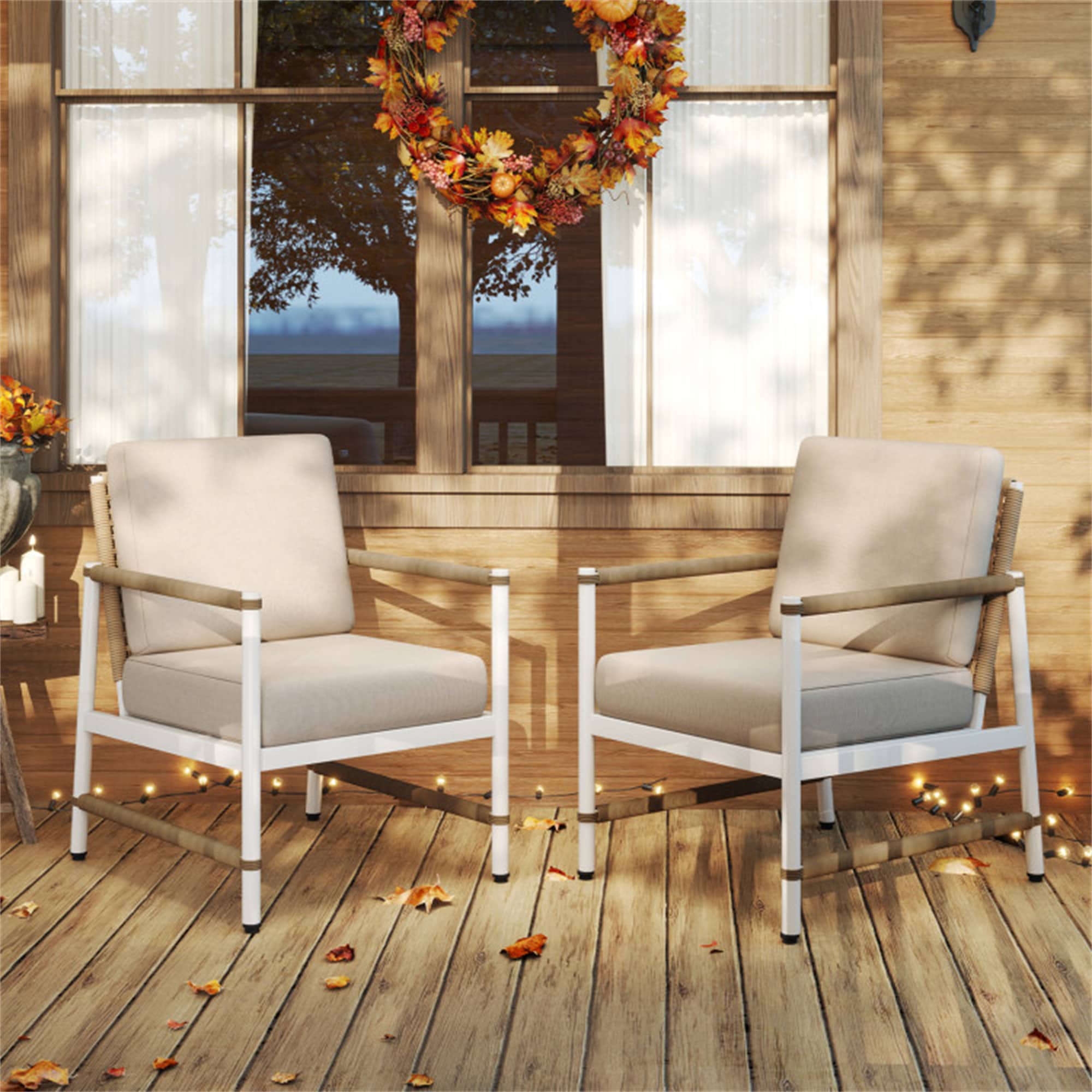 BABOOM BOM-64GR-12-CO Patio Chairs Set of 2 Rattan White Aluminum Frame Stationary Conversation Chair with Gray Cushioned Seat
