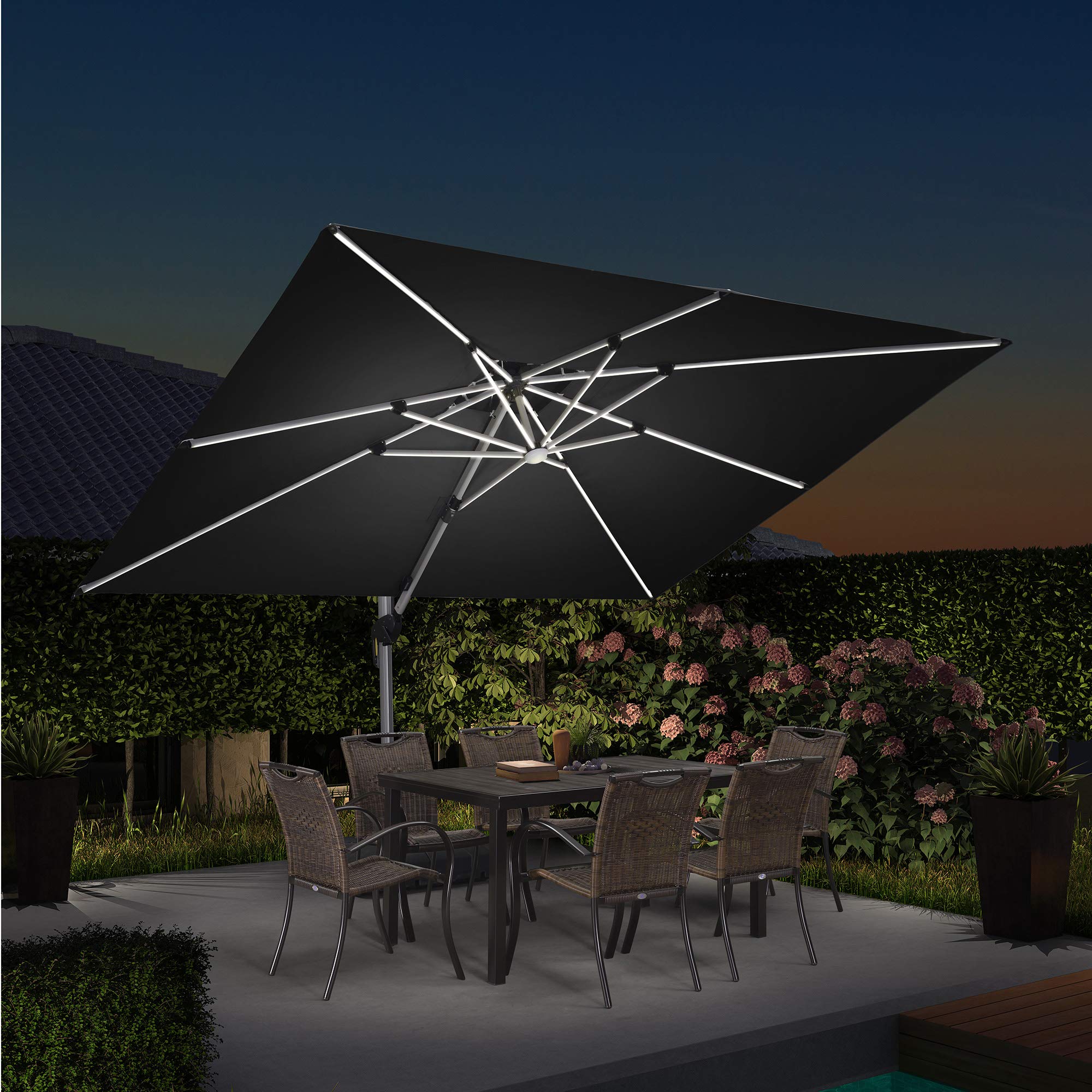 PURPLE LEAF LSGLRRCDT0912-BK 9-ft Aluminum Black Crank Cantilever Patio Umbrella with Lights