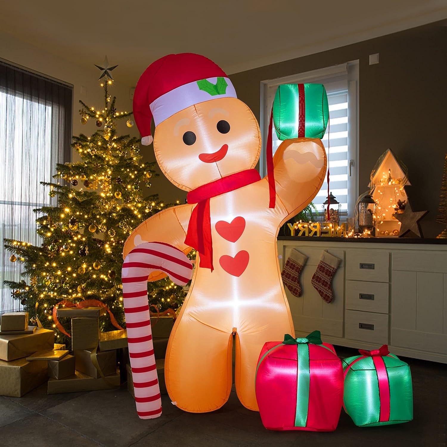OBERSTER 8FT Inflatable Gingerbread Man with Candy Cane and Three Gift BoxesLED Lighted Christmas Decoration Indoor and Outdoor