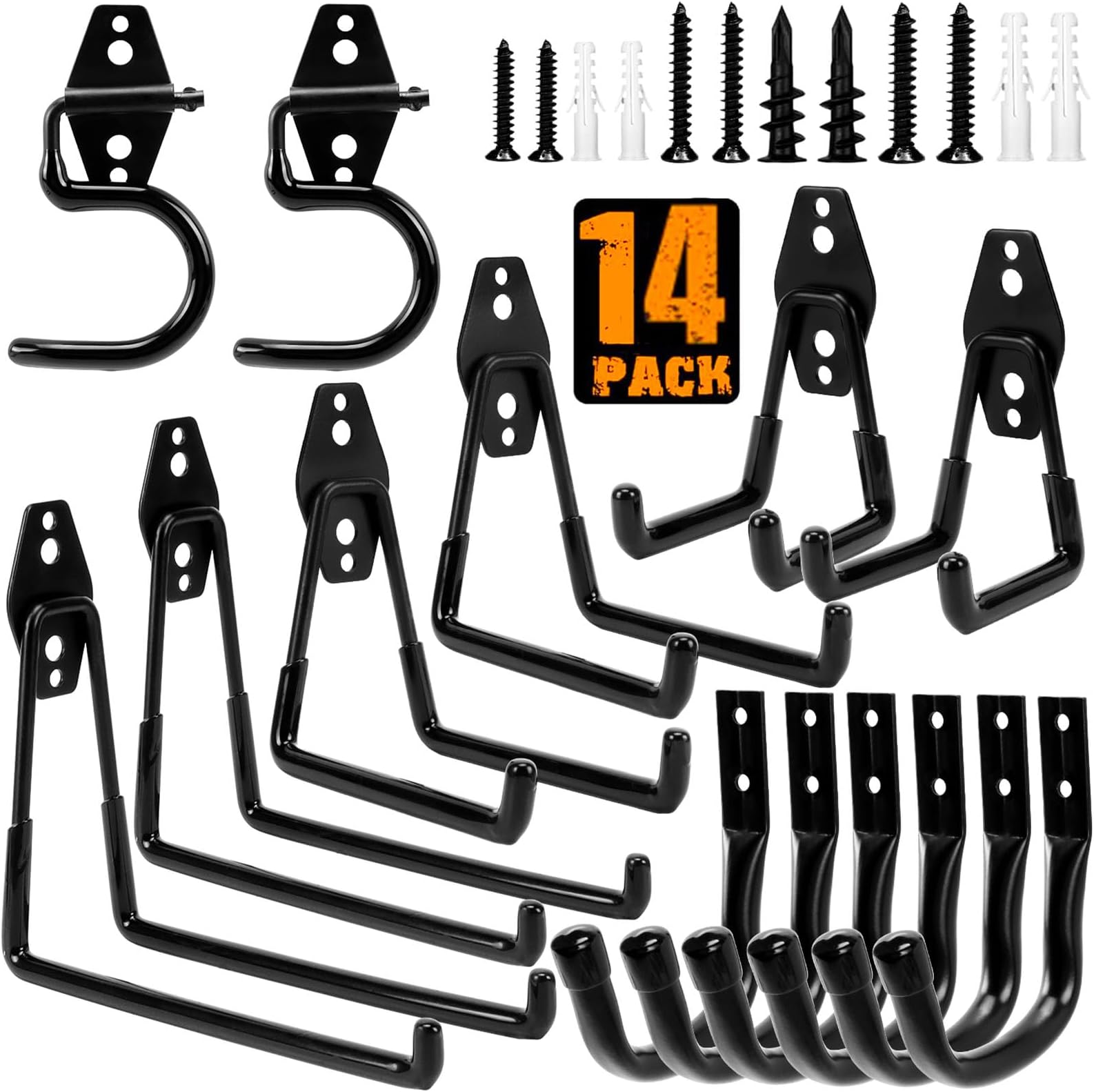 Afoxsos 14 Pack Heavy Duty Garage Hooks Solid Steel Wall Mount Storage Hook Kit with Anti Slip Coating for Tools Ladders Chairs and Garden Equipment