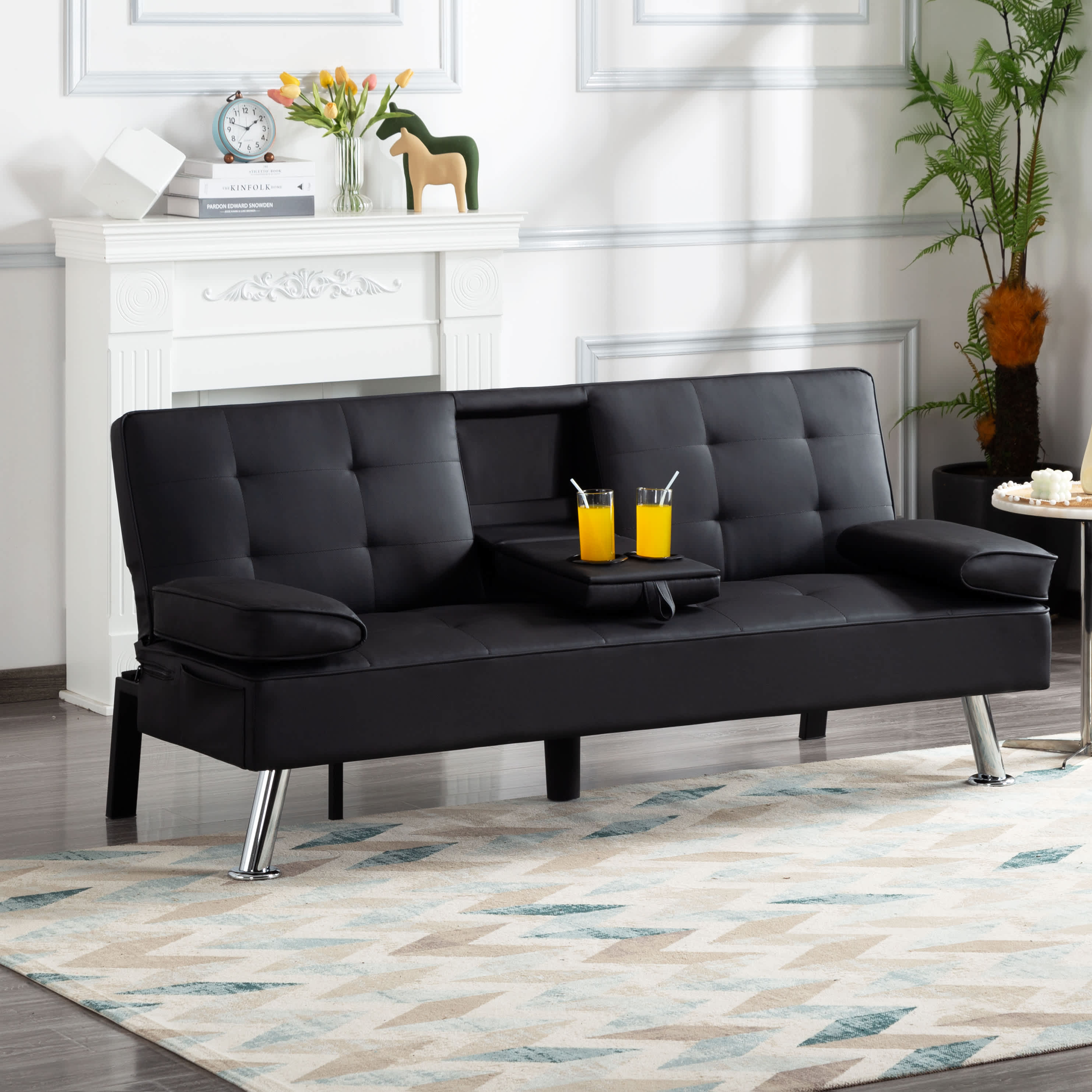Vynxaria  65inch Futon Sleeper Sofa Bed Leather Futon Couch with Removable Armrests  Stylish Convertible Sofa with Cup Holders and Storage Pocket Black
