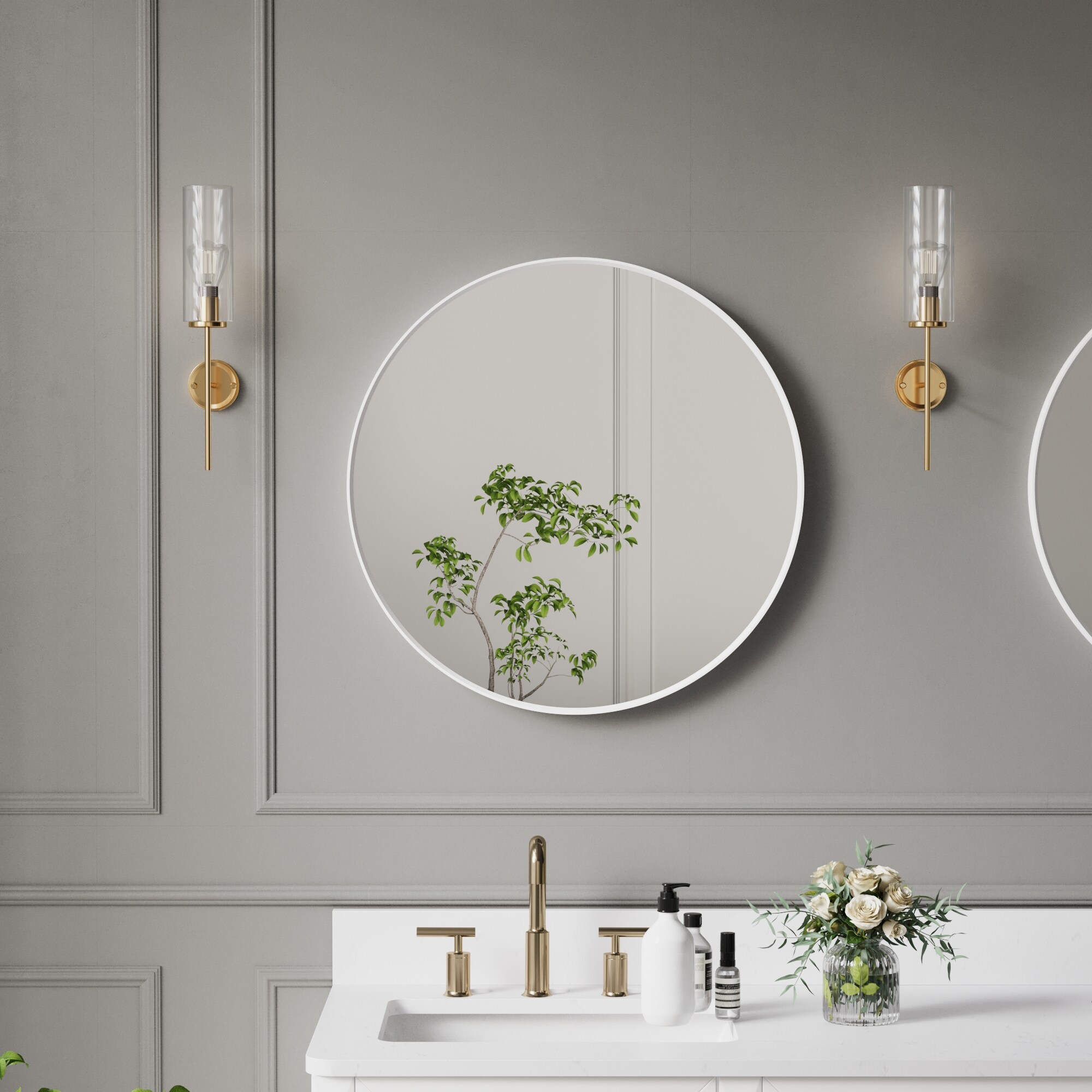 Forclover ALW27-33MR 24-Inches x 24-Inches Framed Round Bathroom Vanity Mirror ( White )