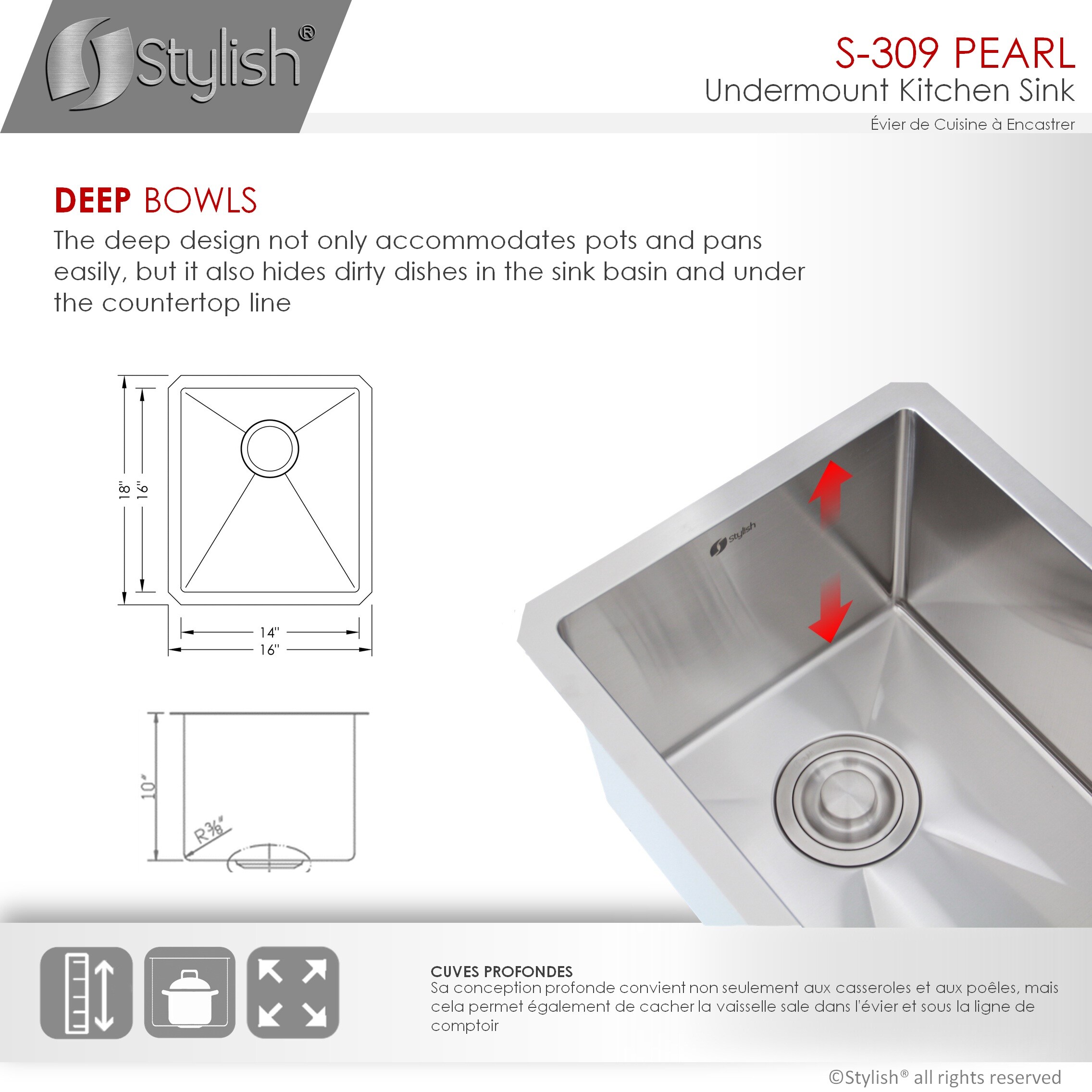 Stylish Styluxe Undermount 16-in x 18-in Brushed Satin Stainless