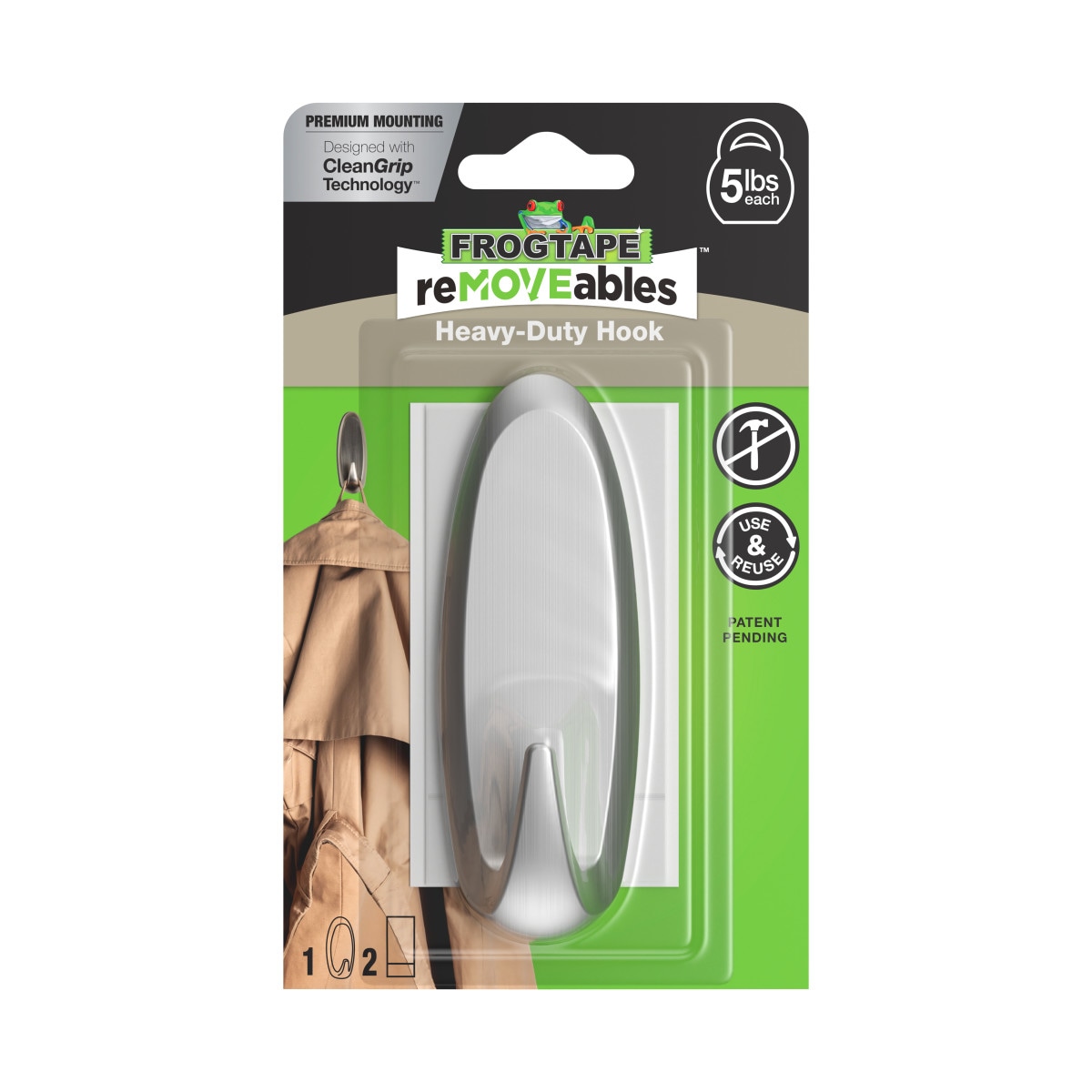 FrogTape reMOVEables Brushed Nickel Adhesive Storage/Utility hook 5-lb Capacity
