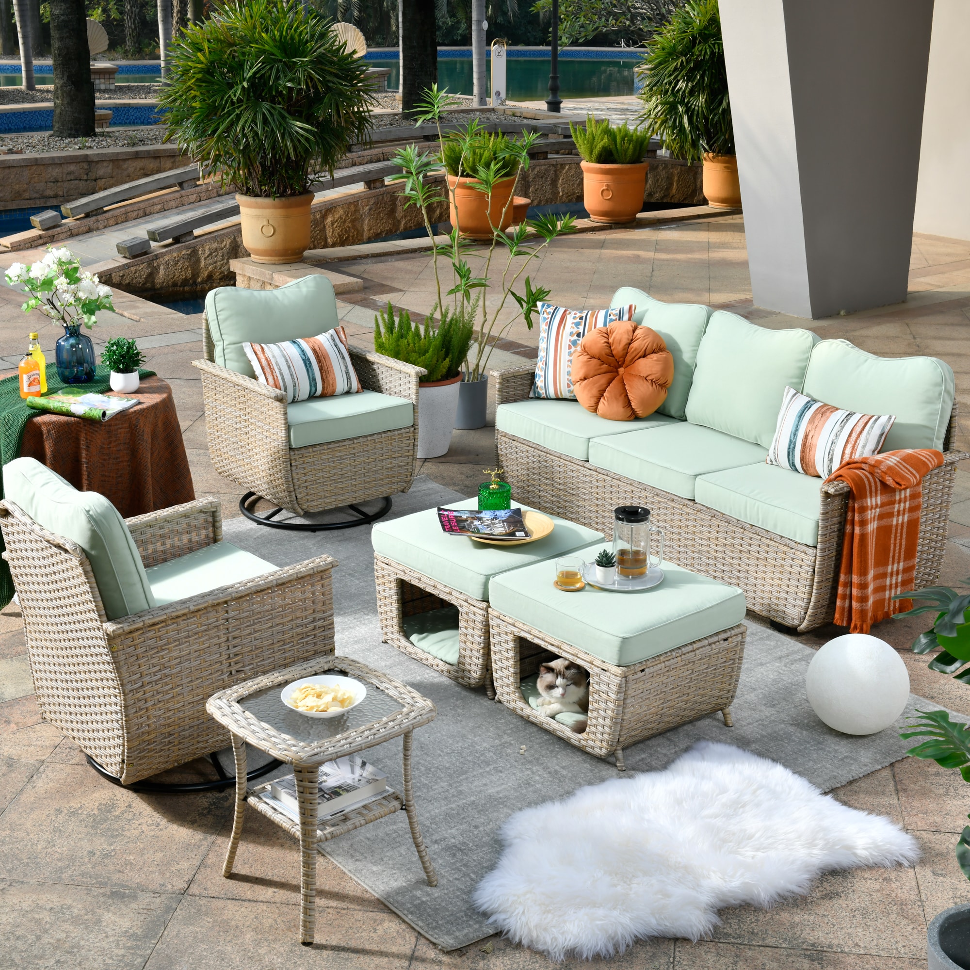 Pouuin SYZCAT9005 5 -Piece Patio Sofa Conversation Set with Green