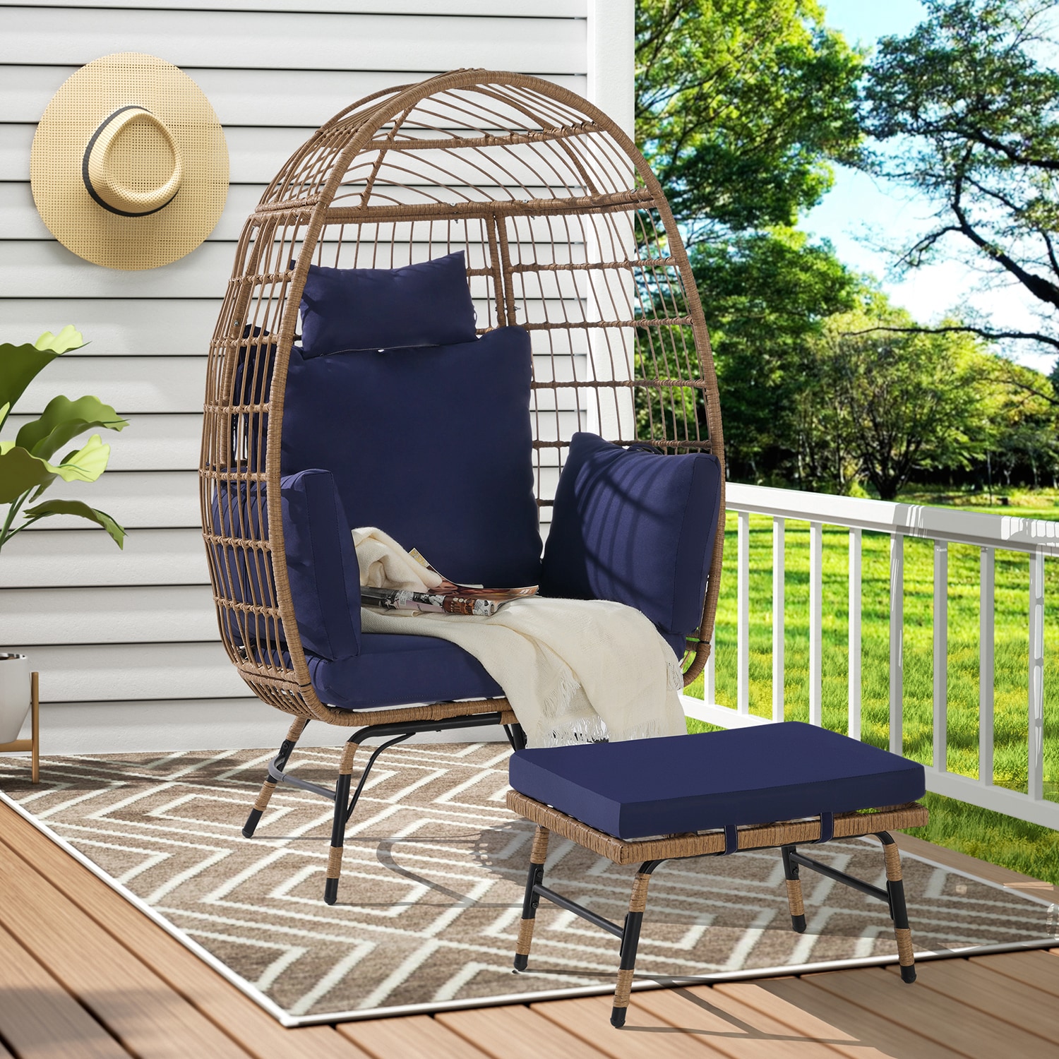 Mondawe MO-NP11453BL Rattan Brown Rattan Frame Stationary Egg Chair with Blue Cushioned Seat