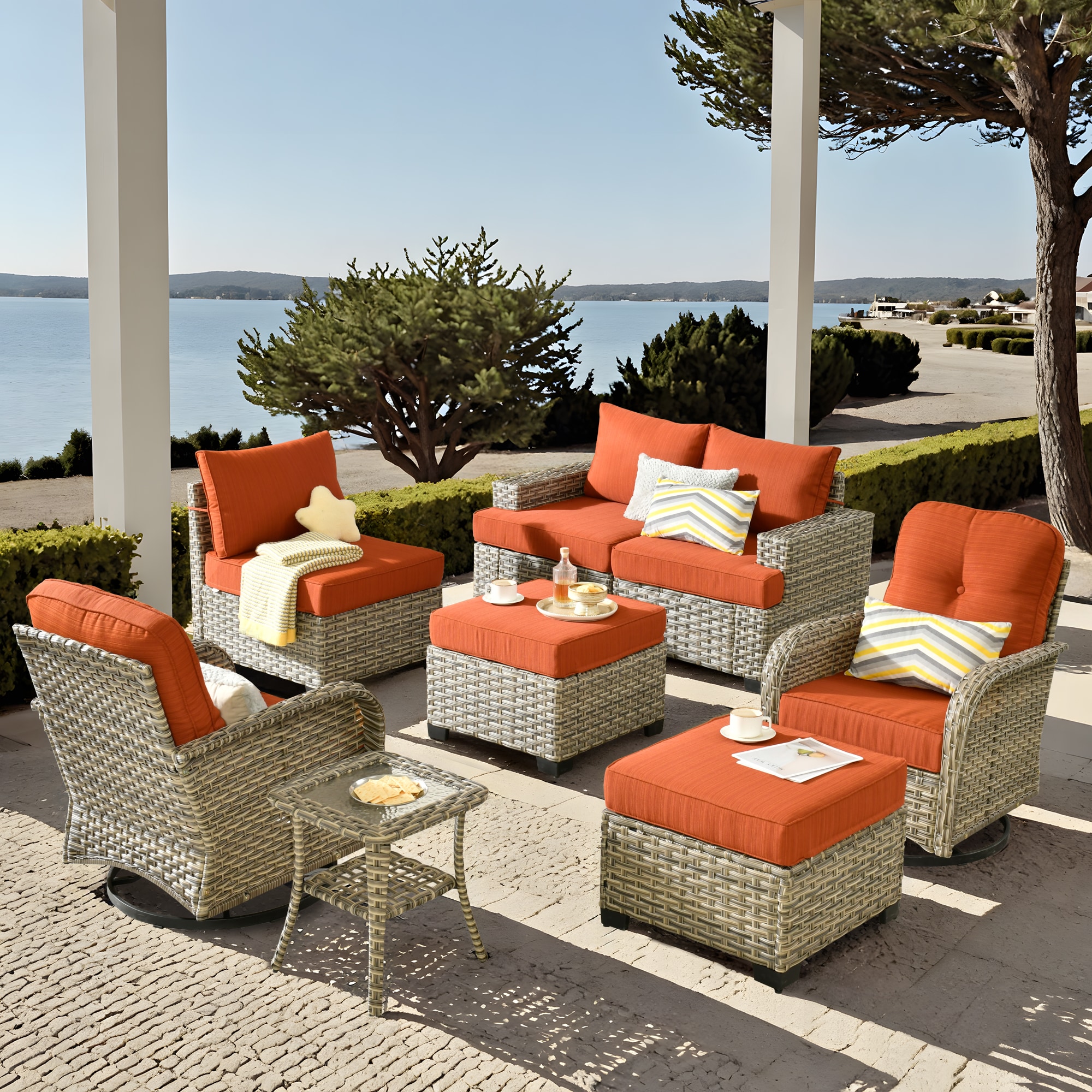 Pouuin SVYZBS80C-6 7 -Piece Wicker Patio Conversation Set with Red Cushions