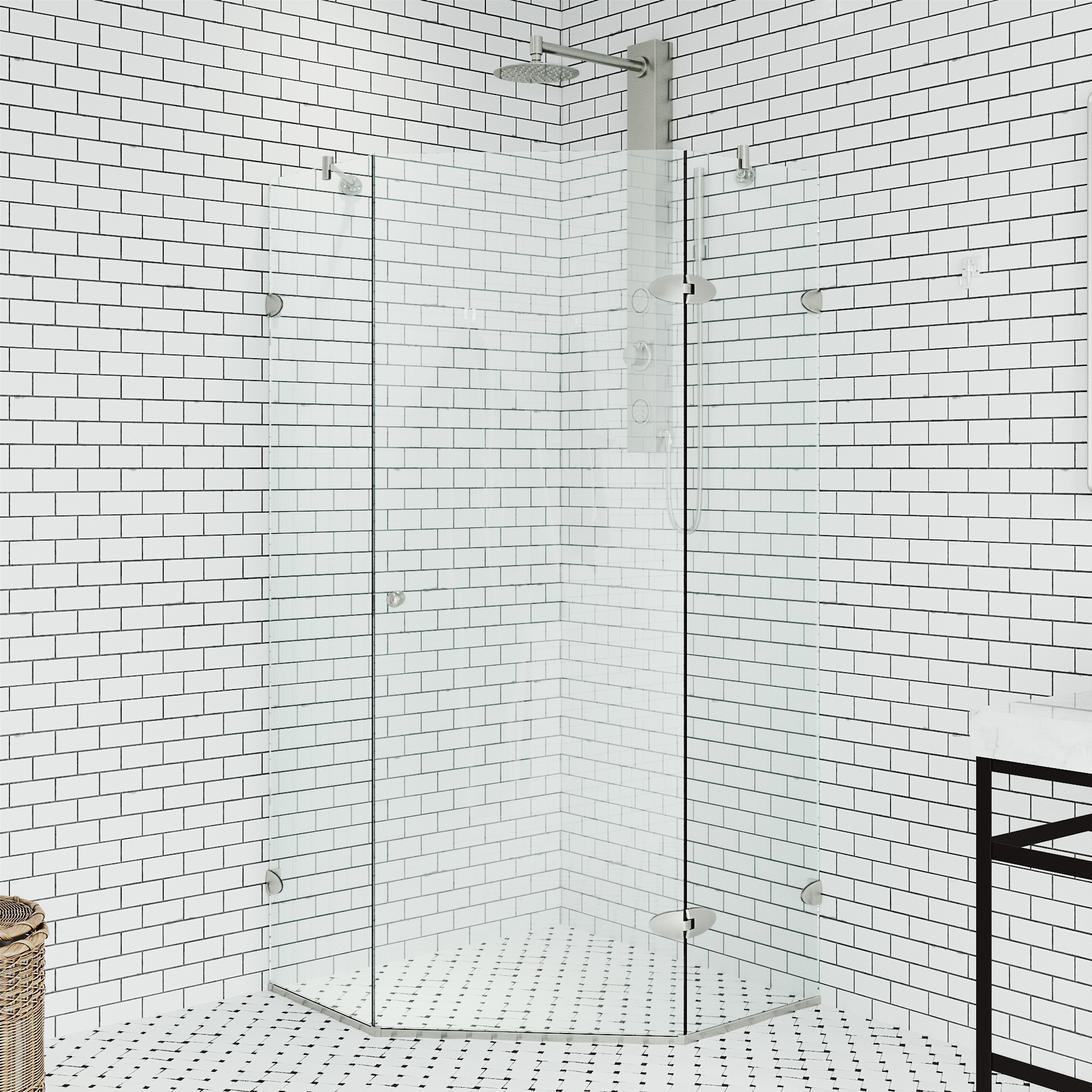 VIGO VG6061BNCL38 Verona Brushed Nickel 36-in W x 73-in H Frameless Corner Neo Angle Hinged Shower Door 3/8-in Thick Clear Glass