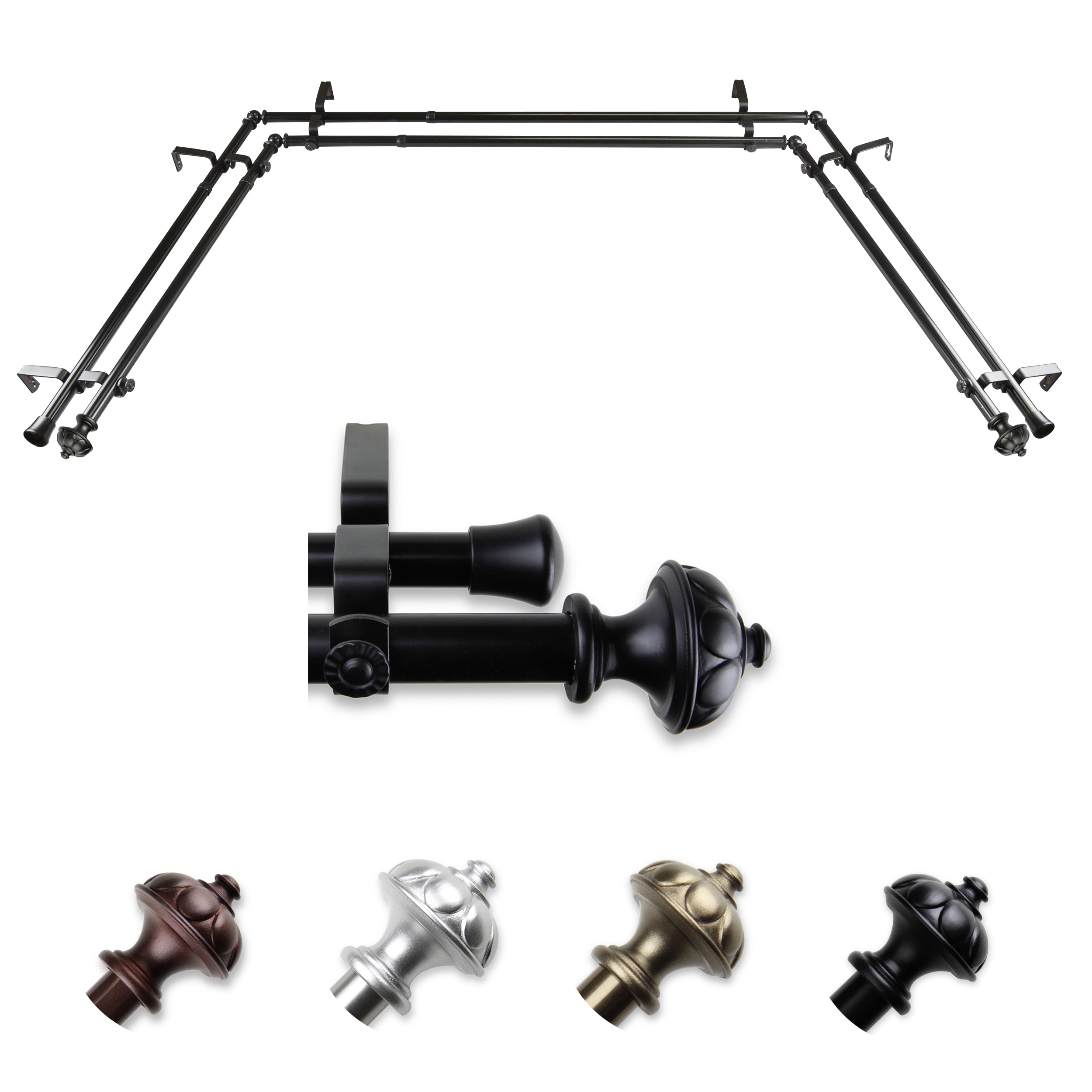Hart & Harlow L-ABAY-92-2D Caprice 13/16-in Double Bay Black Steel Bay window curtain rod with Finials