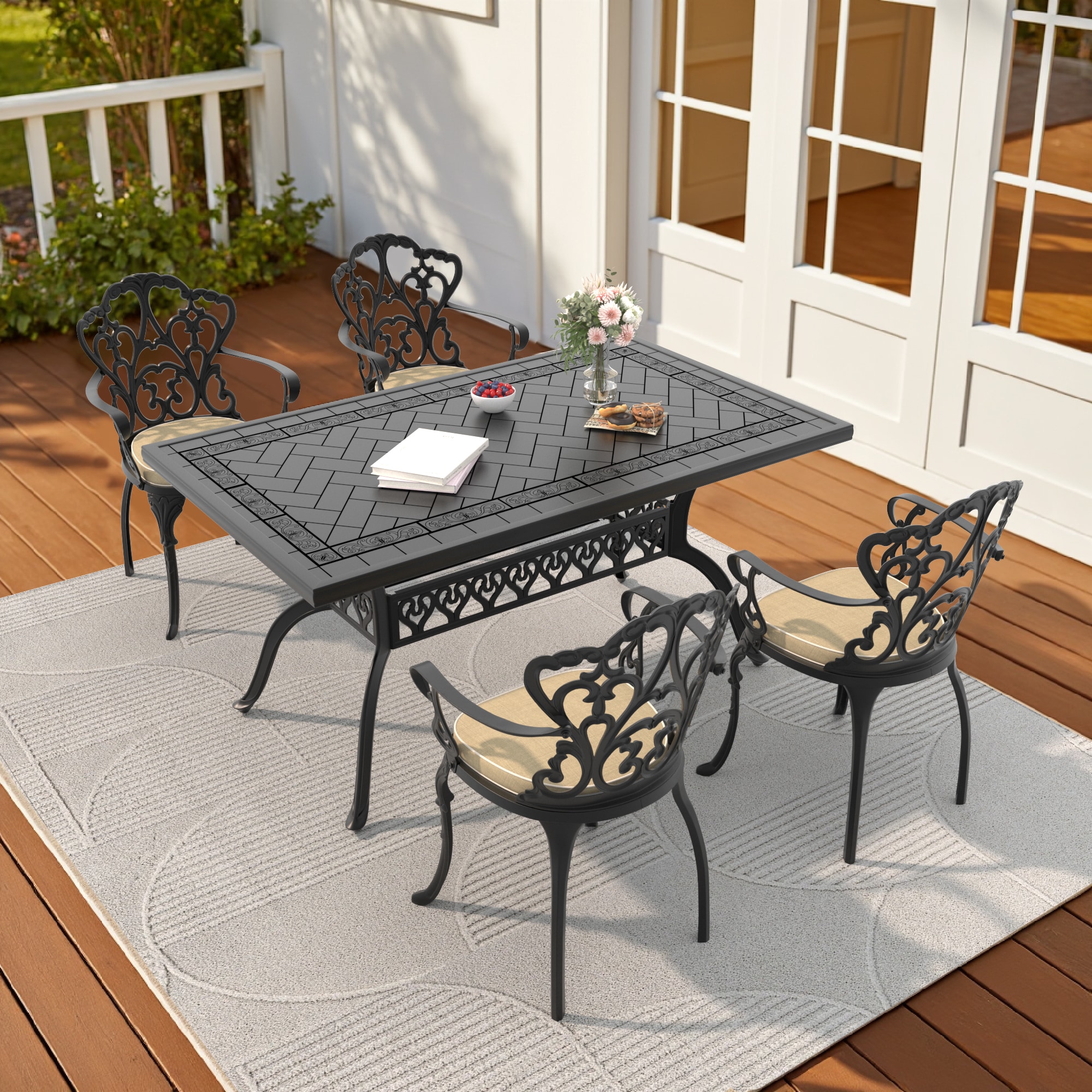 nicesure SLBK6047CZ4A1165RC 5 -Piece Black Patio Dining Set Aluminum Rectangle Table with 4 Cushions Stationary Chairs