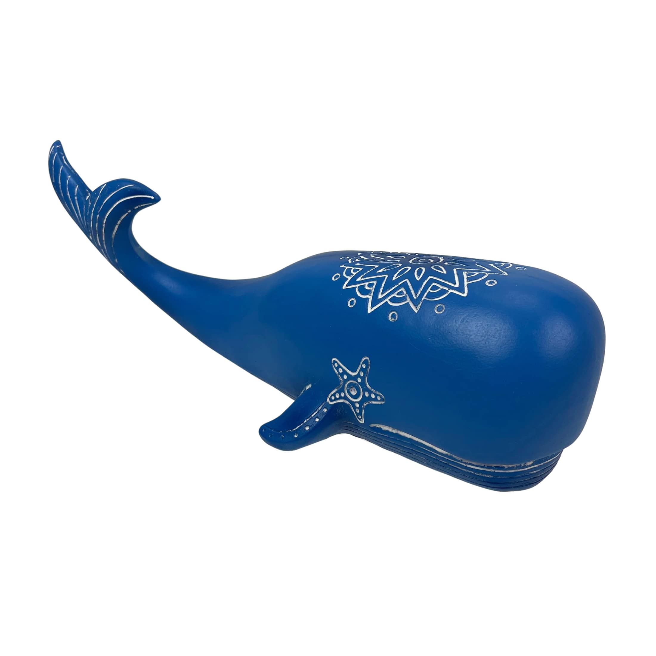 Fancy That Gift & Decor FT-BEA77675-RYL Wooden Whale Decor with Mandala Design – Deep Blue Finish with White Accents – Unique Coastal Home Accent – Perfect for Beach-Themed Decor