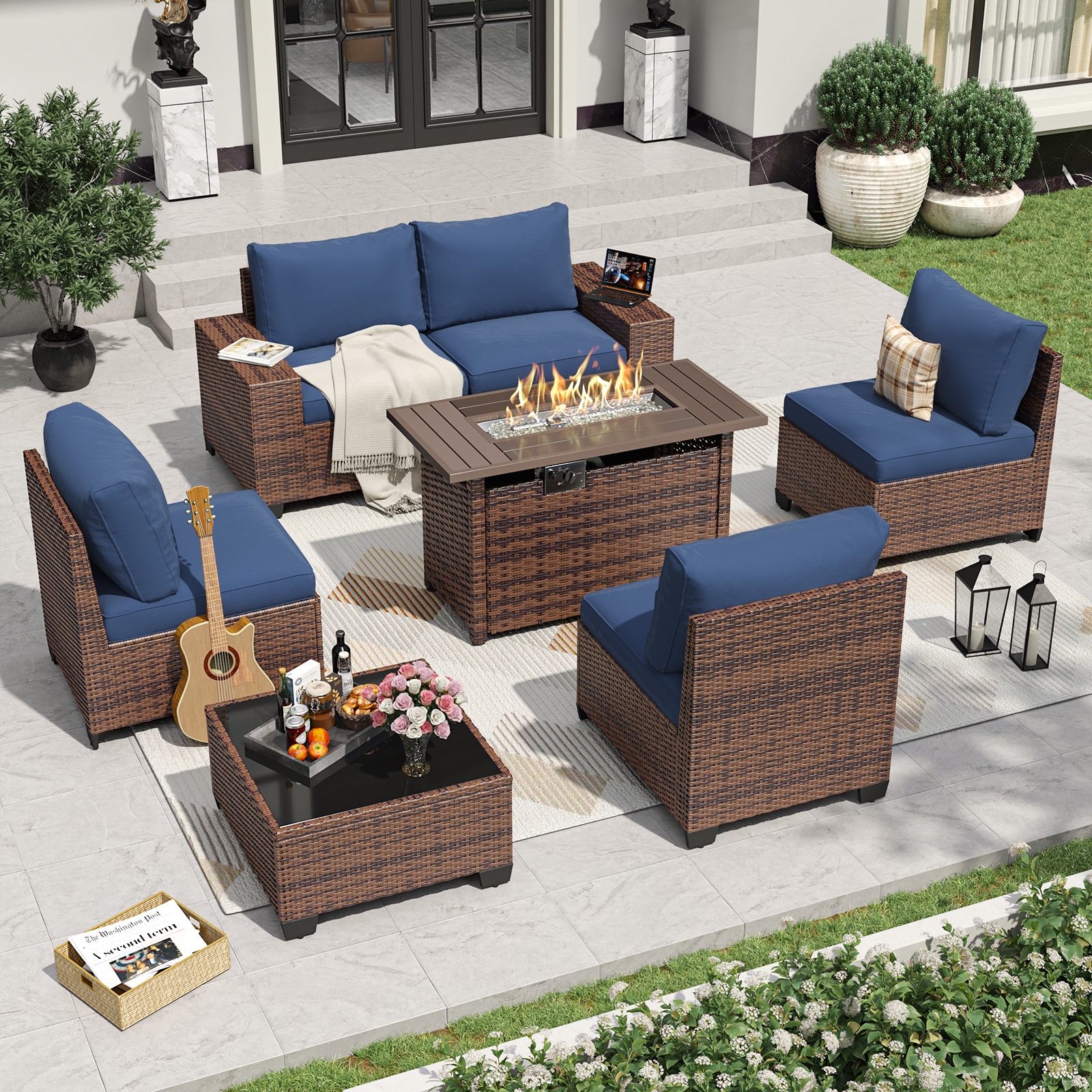 Bapipro BP3907G25 7 -Piece Rattan Patio Sofa Conversation Set with Blue Cushions