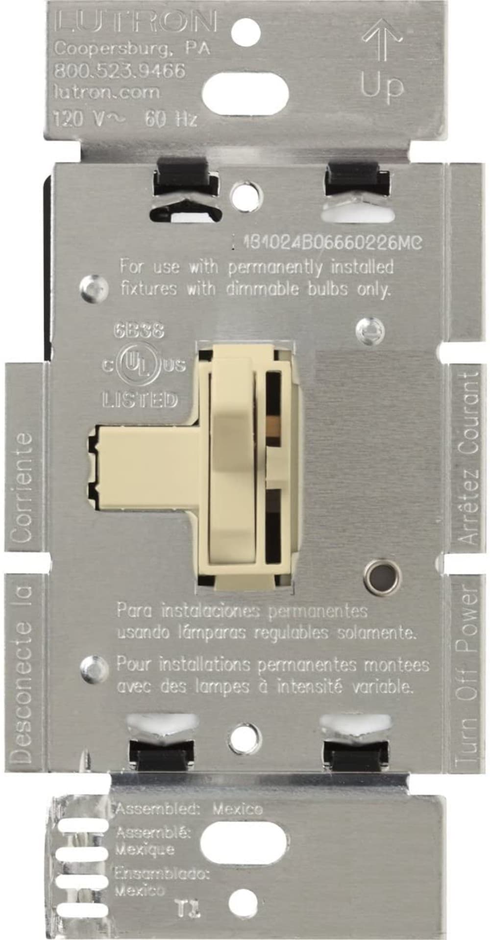 Lutron AY-103P-IV Toggler Incandescent Single-pole/3-way Toggle Light Dimmer Switch, Ivory