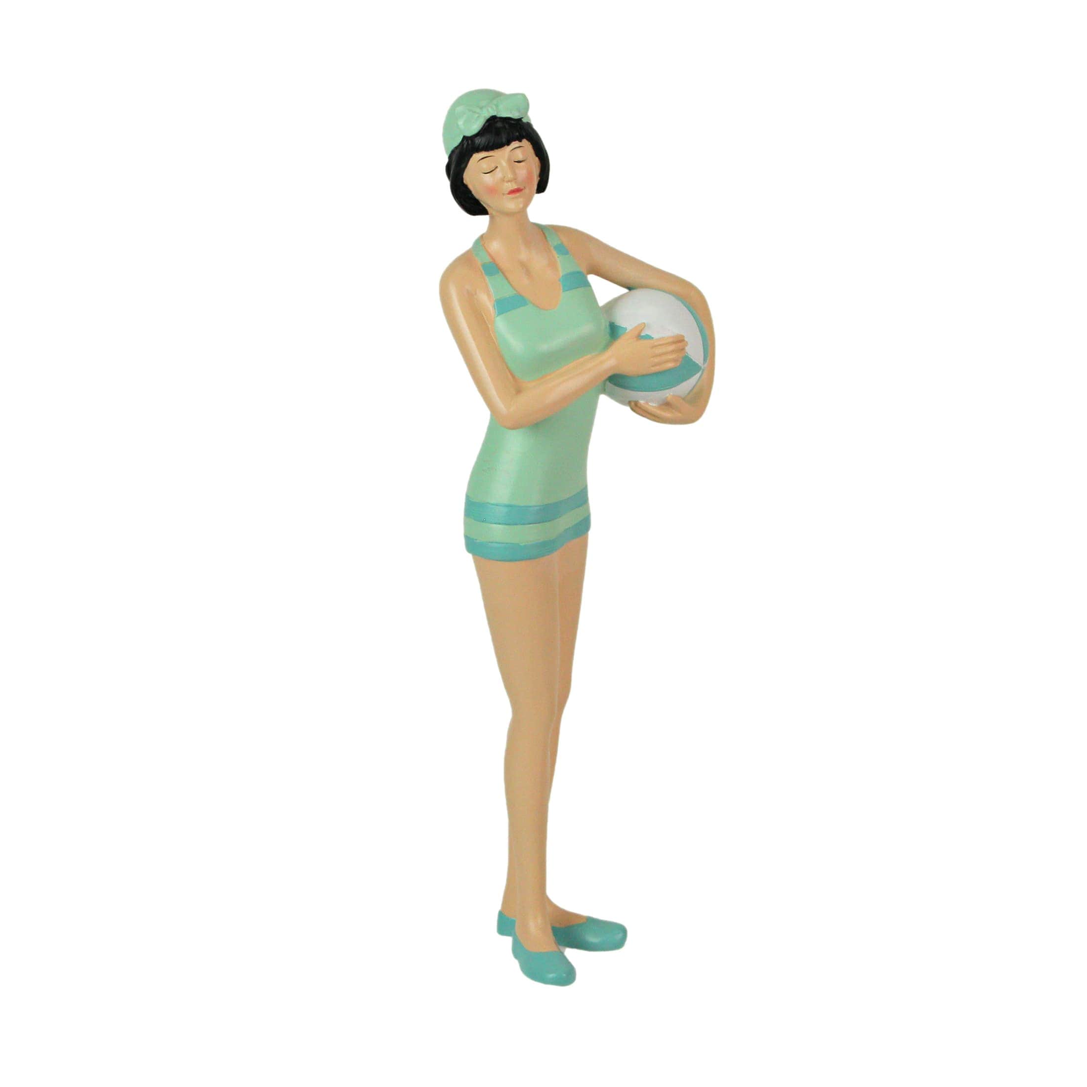 Fancy That Gift & Decor FT-BEA36112-SGR Brunette Bathing Beauty Figurine - Hand-Painted Striped Swimsuit - Coastal Charm