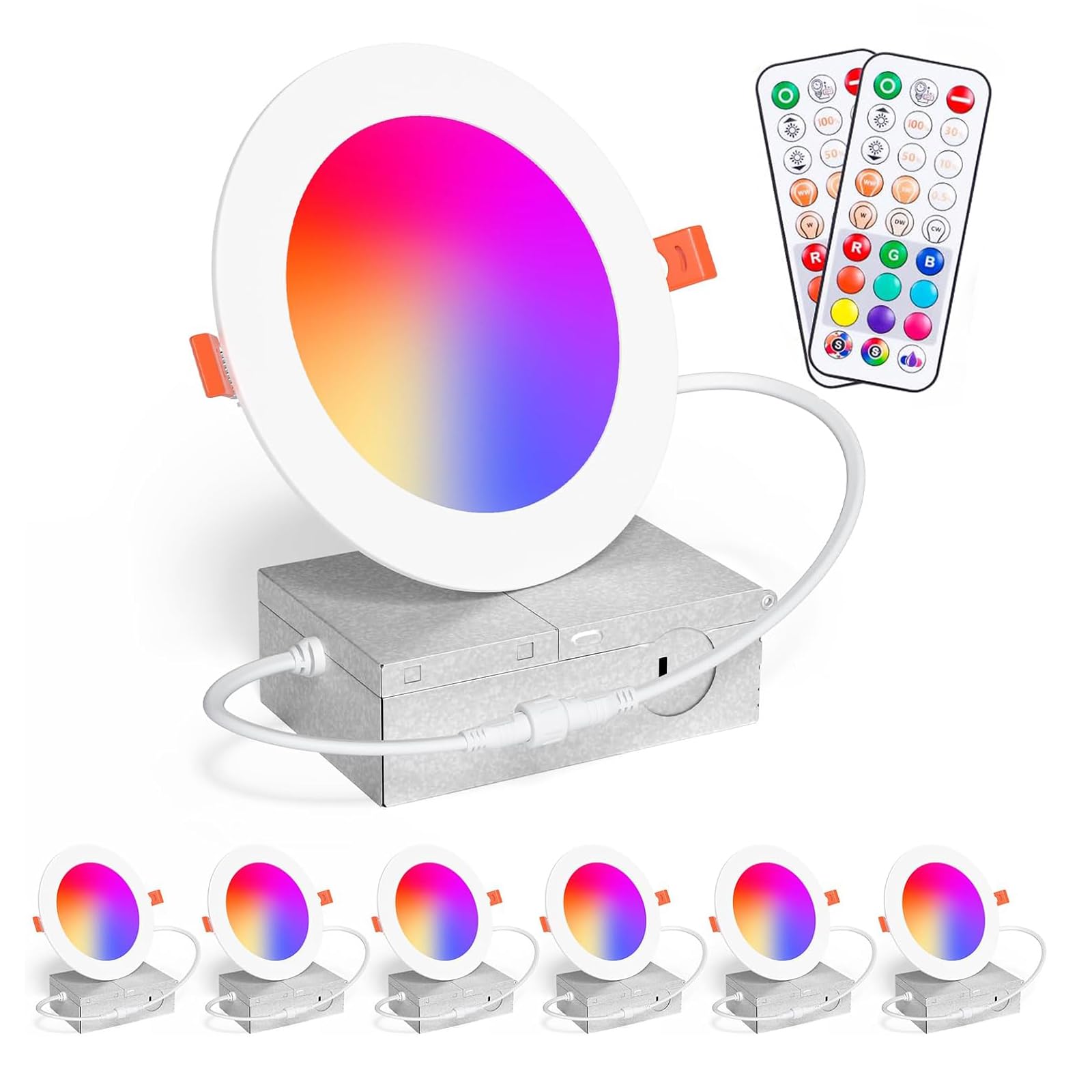 AOIZGMY  4 Inch RGBCW Color Changing 12W LED Recessed Downlights with Junction Box Dimmable by Remote Control Dual Memory Timer Delayed Off ETL 6