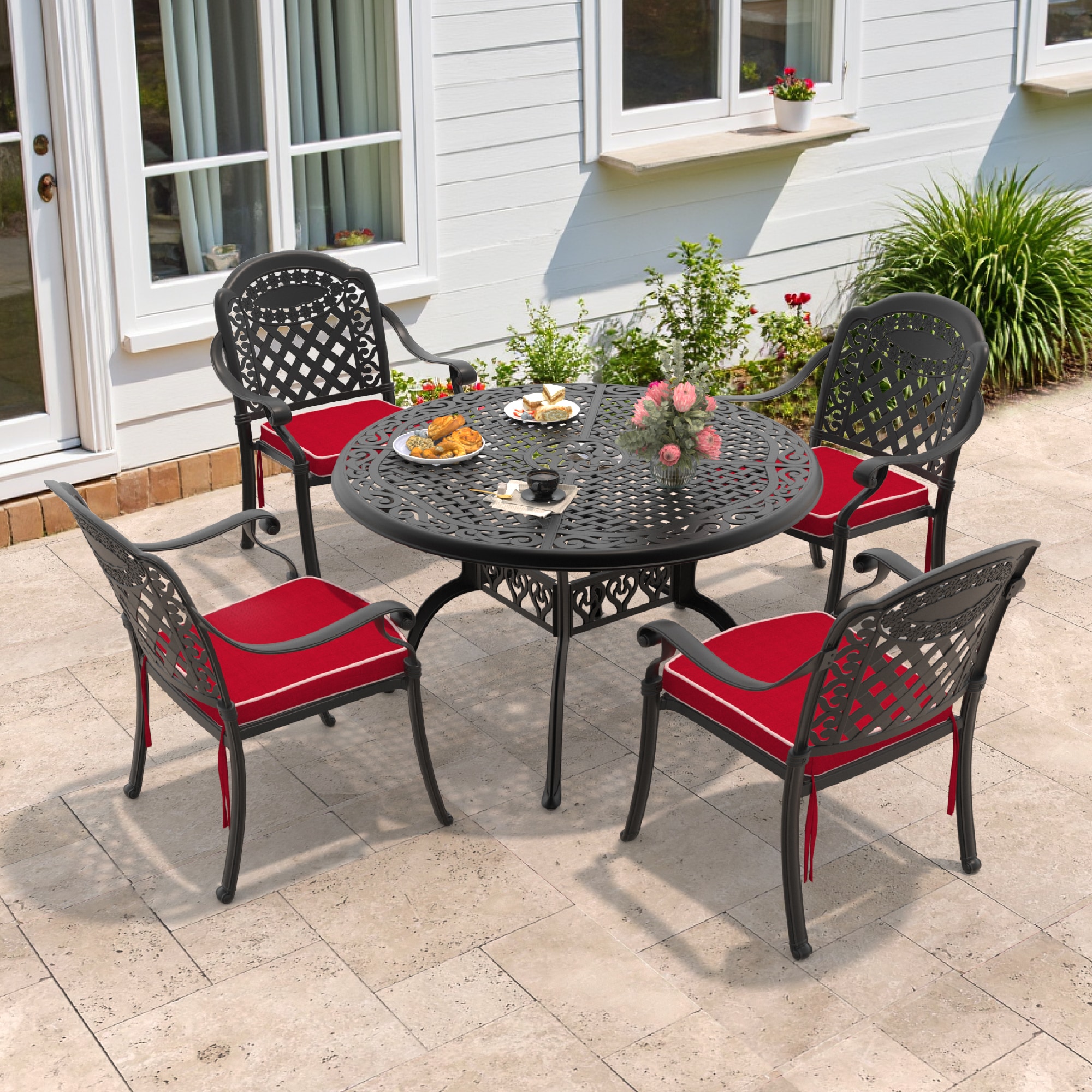 nicesure SLBK6008CZ4A1123RC 5 -Piece Black Patio Dining Set Aluminum Round Table with 4 Cushions Stackable Stationary Chairs