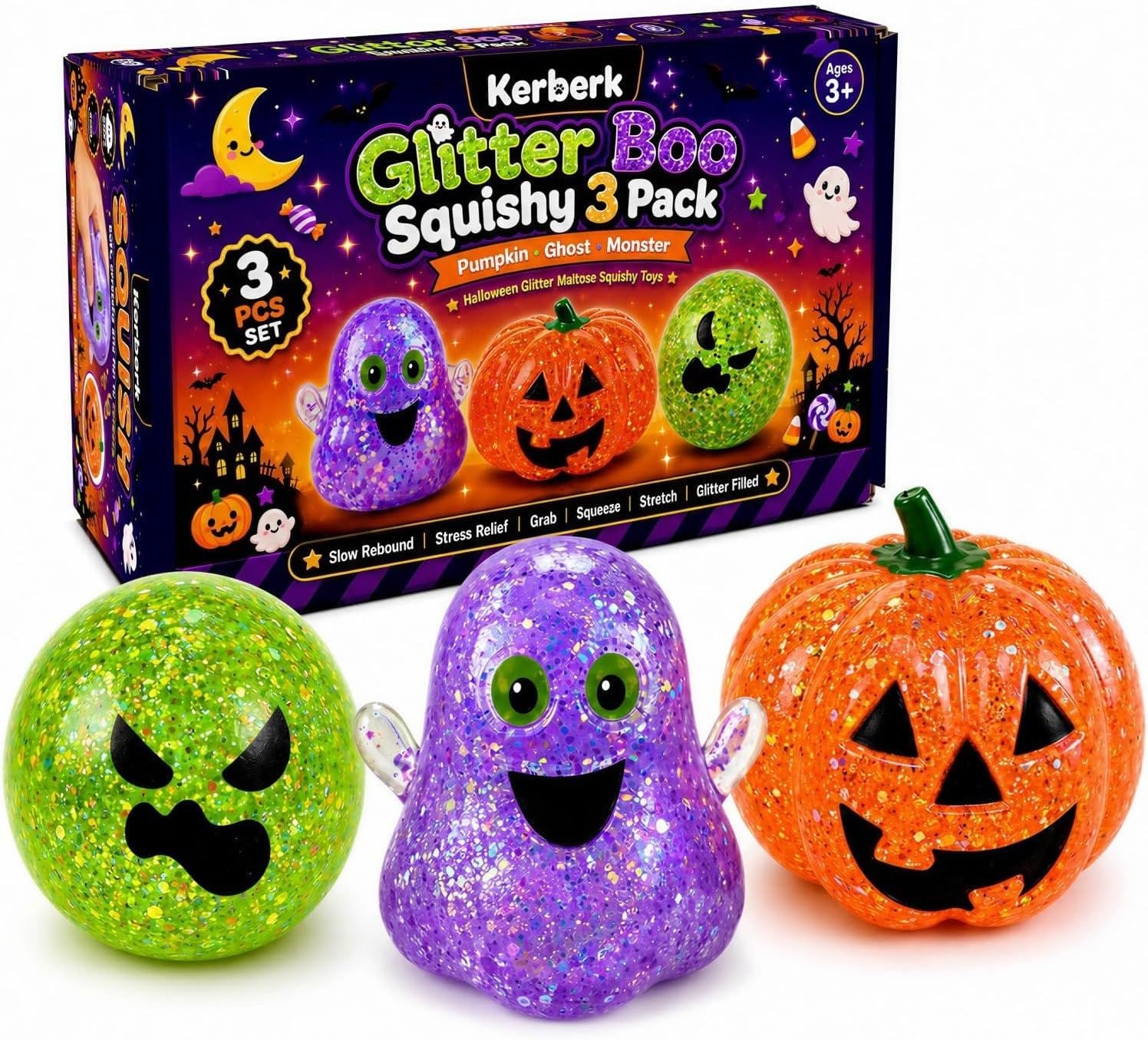 Namdaq 3 Pack Halloween Glitter Squishy Toys Pumpkin Ghost Monster Slow Rising Fidget Toys Non Candy Halloween Treats Goodie Bag Fillers Classroom Prizes Birthday Gifts #NQ7HTXYU