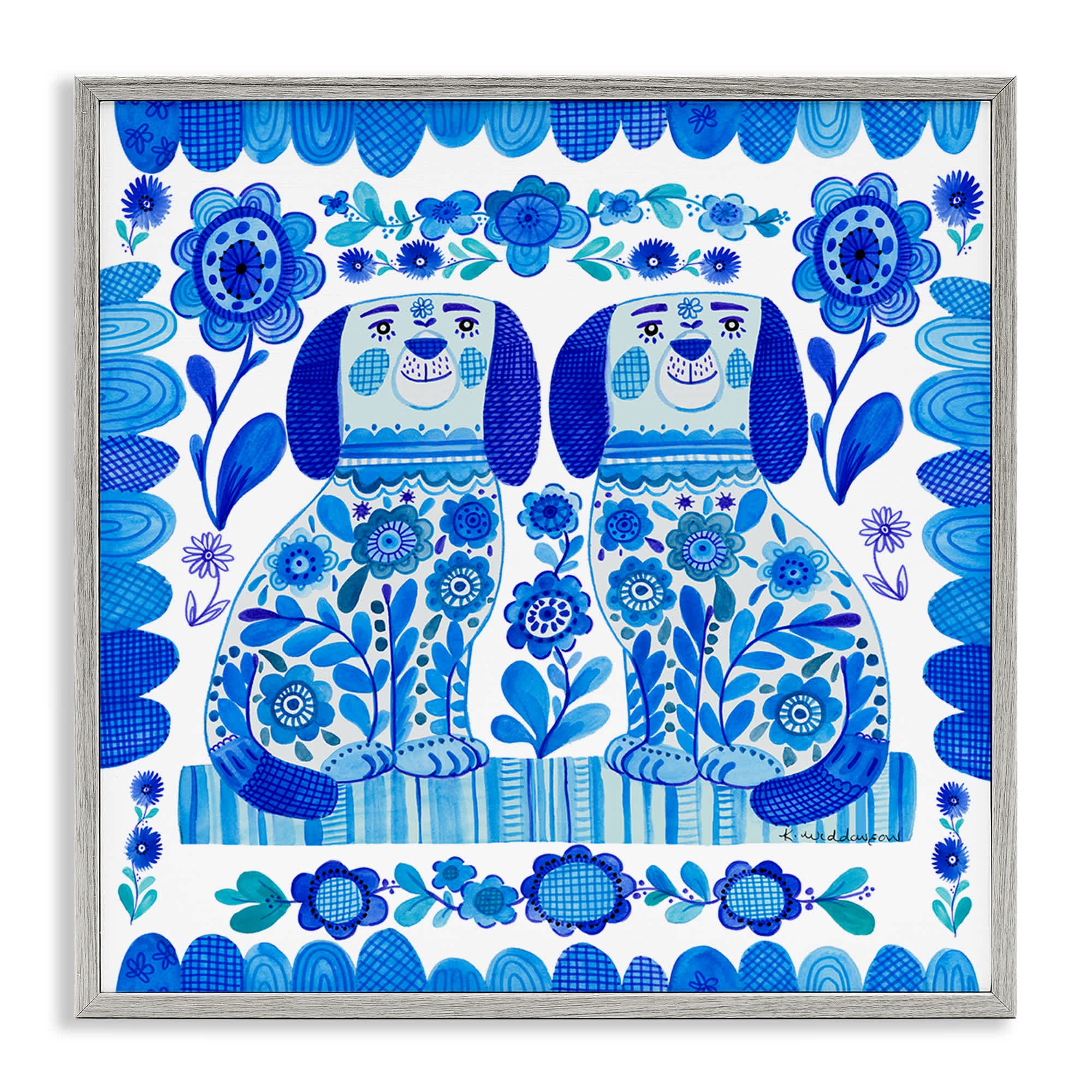 Stupell Industries BS-615-GFF-17X17 Blue Folk Style Puppies Gray Framed Giclee Art By Kay Widdowson 17 x 17