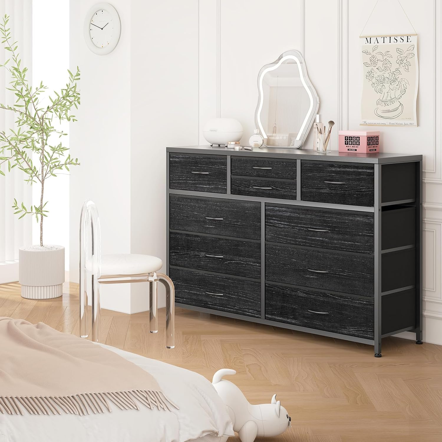 Garvee TV Stand Dresser 10 Fabric Drawers Entertainment Center Media  Console Wood Top Ample Storage Anti Tip Safety Adjustable Feet TVs Up To 55  Inches 47 Point 2 Inch Wide Black Willow