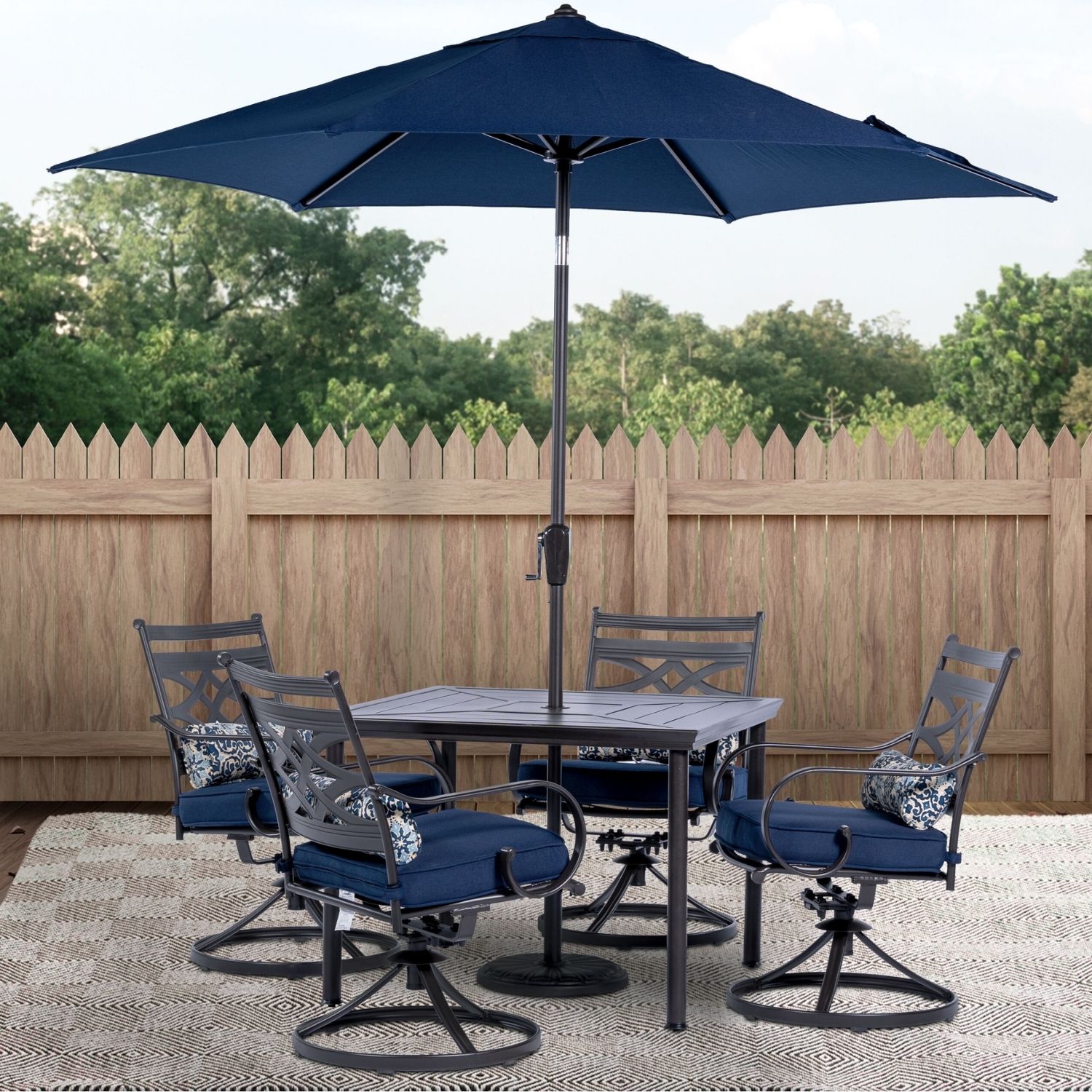 Hanover MCLRDN5PCSQSW4-SU-N Montclair 6 -Piece Dark Brown Patio Dining Set Steel Square Table with 4 Navy Cushions Swivel Rocker Chairs and Umbrella Included