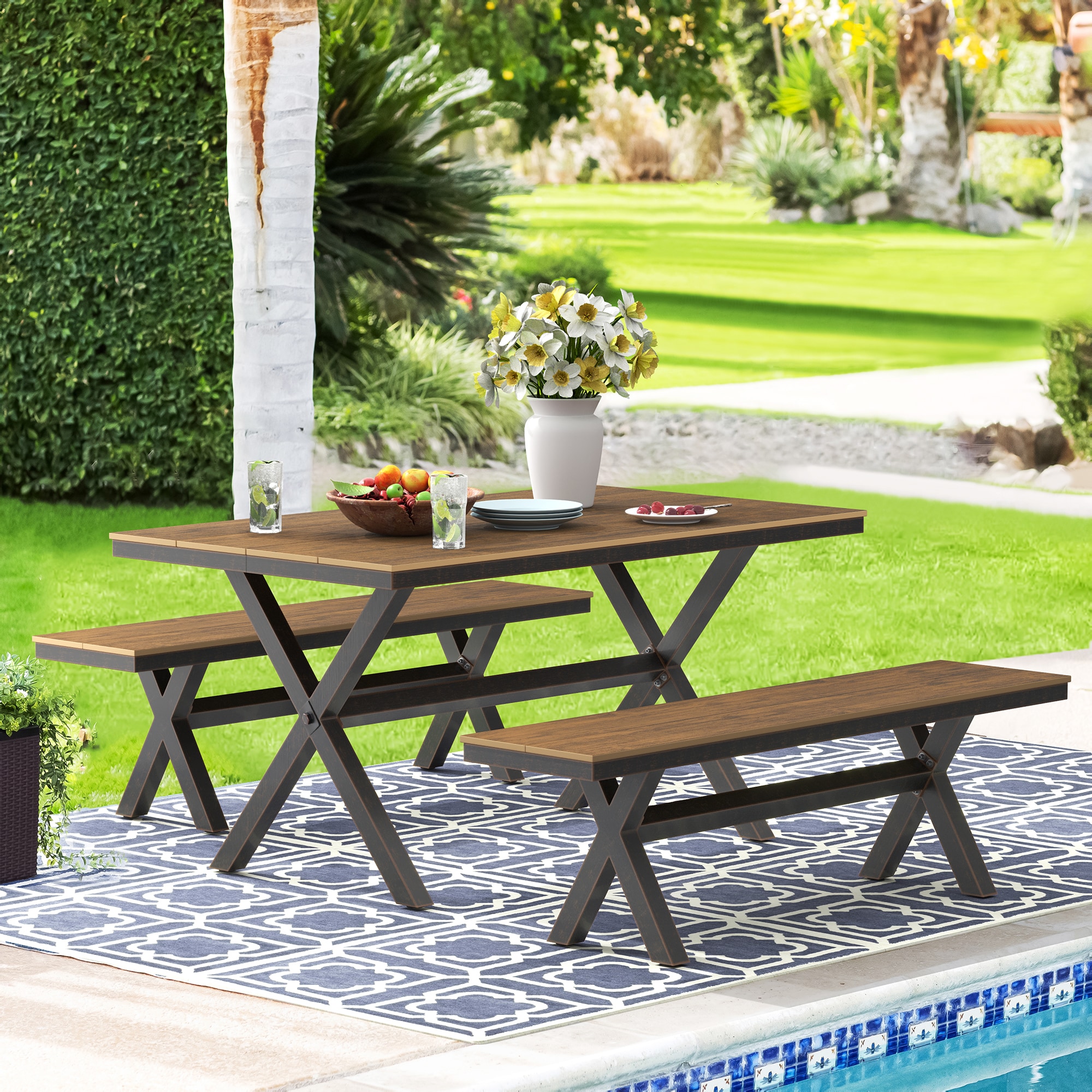 LUE BONA LB23DTOB0002-200LS 3 -Piece Teak Brown Patio Dining Set Aluminum Rectangle Table with 2 Stationary Chairs