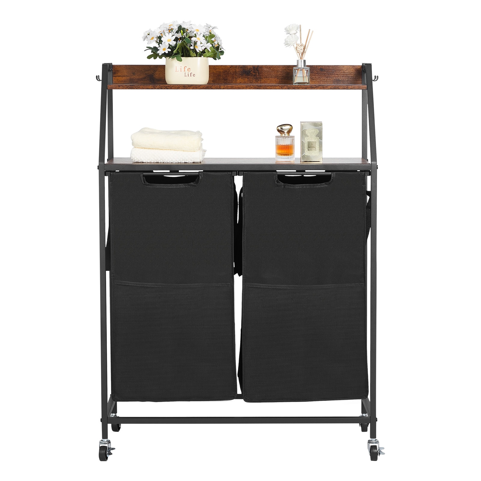 VEVOR 2 Tiers Laundry Sorter Tall Laundry Hamper with Metal Frame and Wooden Tabletop 2 Section Rolling Basket Organizer Storage with Ladder Shelves and 600D Oxford Cloth Bags for Dirty Clothes