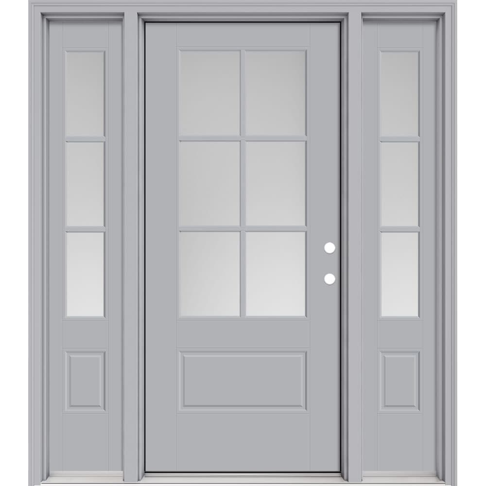 Masonite 630398 Performance Door System 64-in x 80-in x 4-9/16-in Fiberglass 3/4 lite Right-hand inswing Infinity Gray Painted Prehung Front Door with Sidelights with Brickmould Insulating core with Grilles