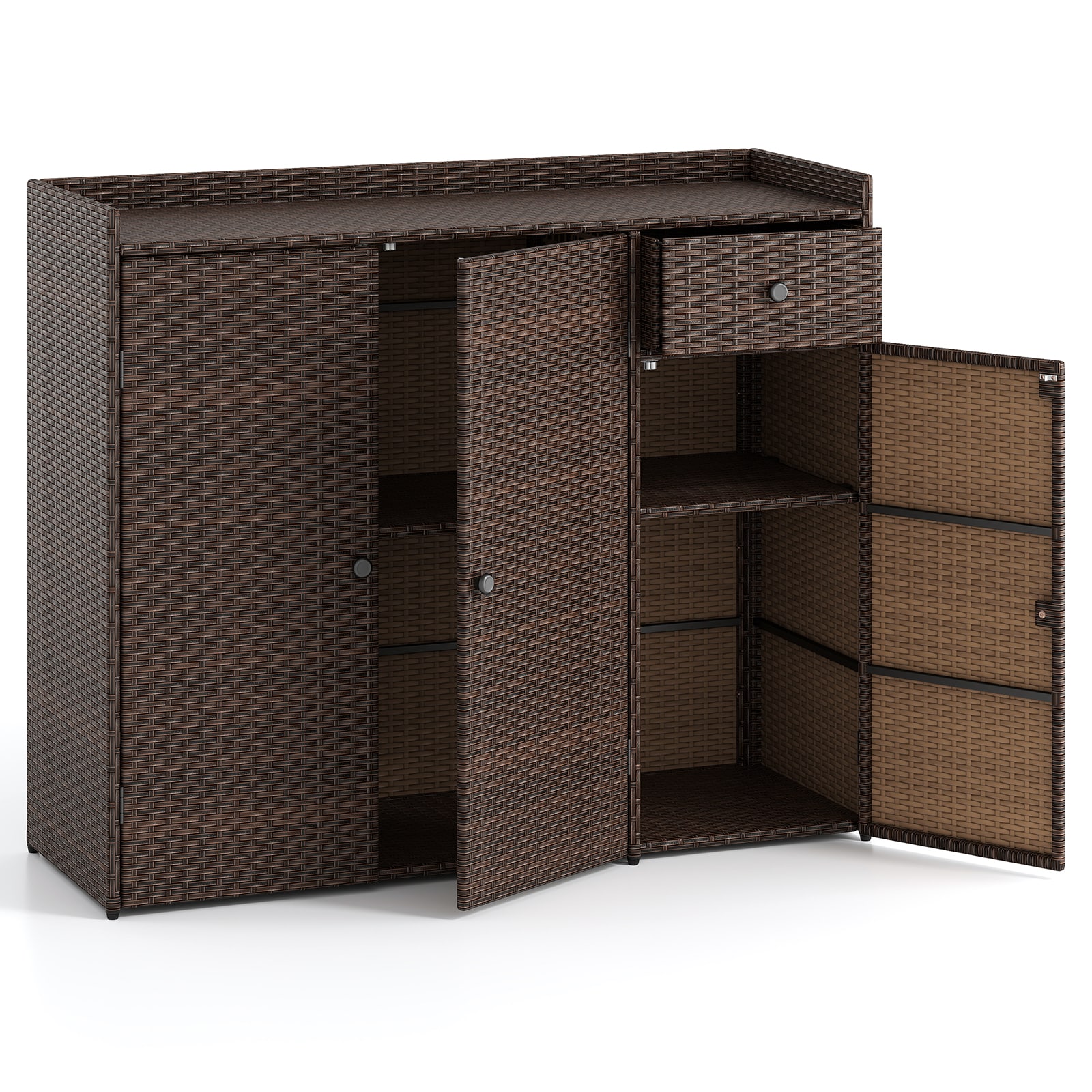 SUGIFT 48-in x 17-in Mix Brown PE Wicker Outdoor Storage Cabinet with 3 Doors and Drawer