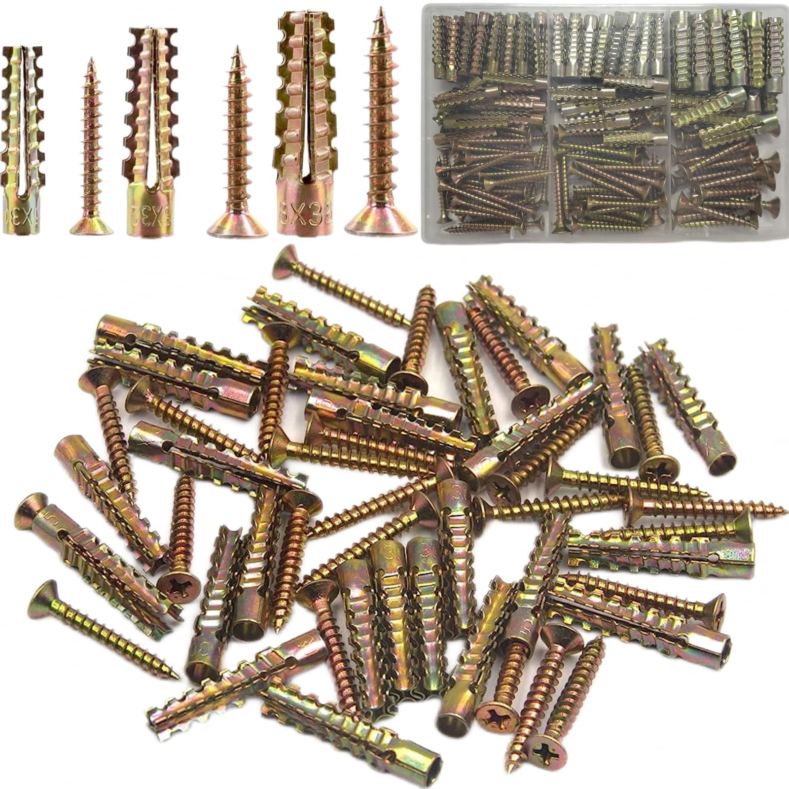 KHKFY KHKFY 130pcs Tree Shaped Steel Wall Anchor Kit with Screws for Hollow Concrete Plaster and Wooden Walls Three Sizes for Heavy Duty Mounting