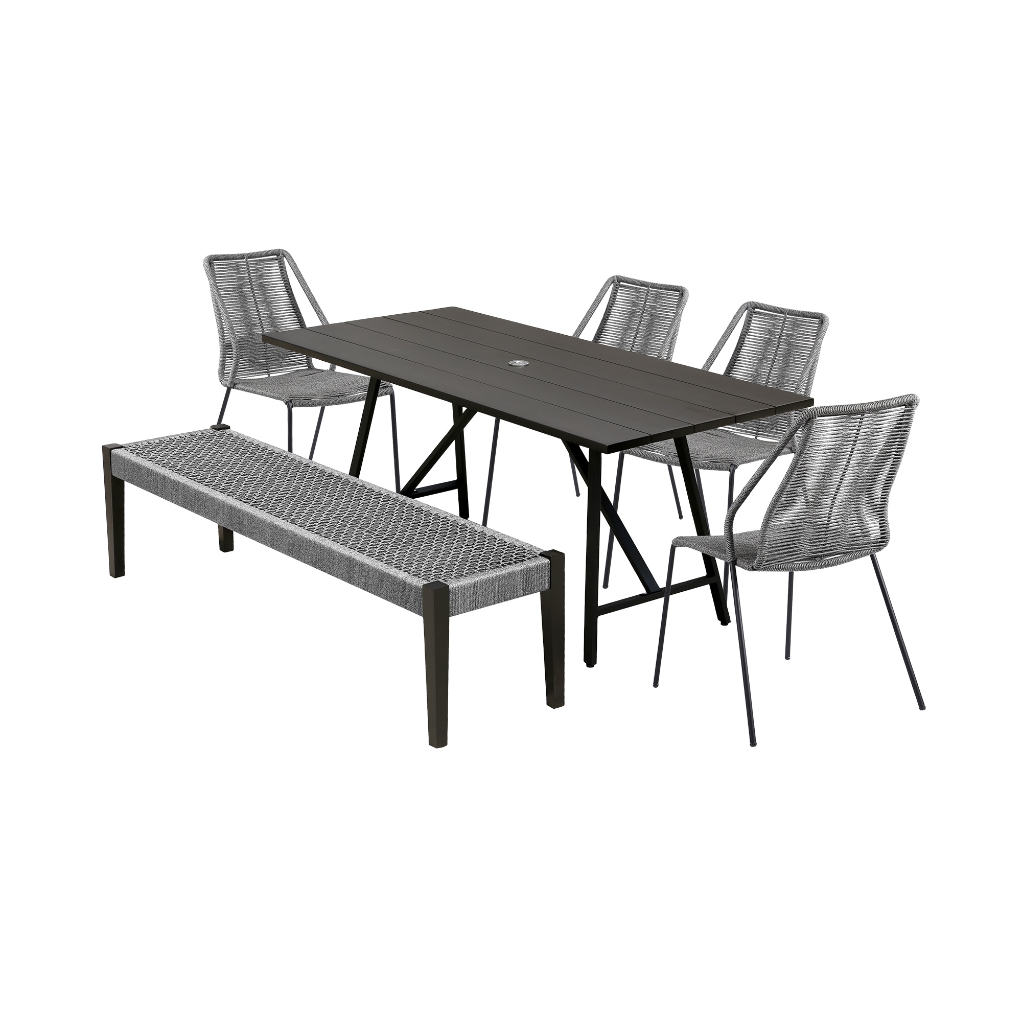 Armen Living 840254333826 Koala / Clip / Camino 6 -Piece Dark Eucalyptus / Grey Rope Patio Dining Set Eucalyptus Rectangle Table with 4 Gray Stationary Chairs