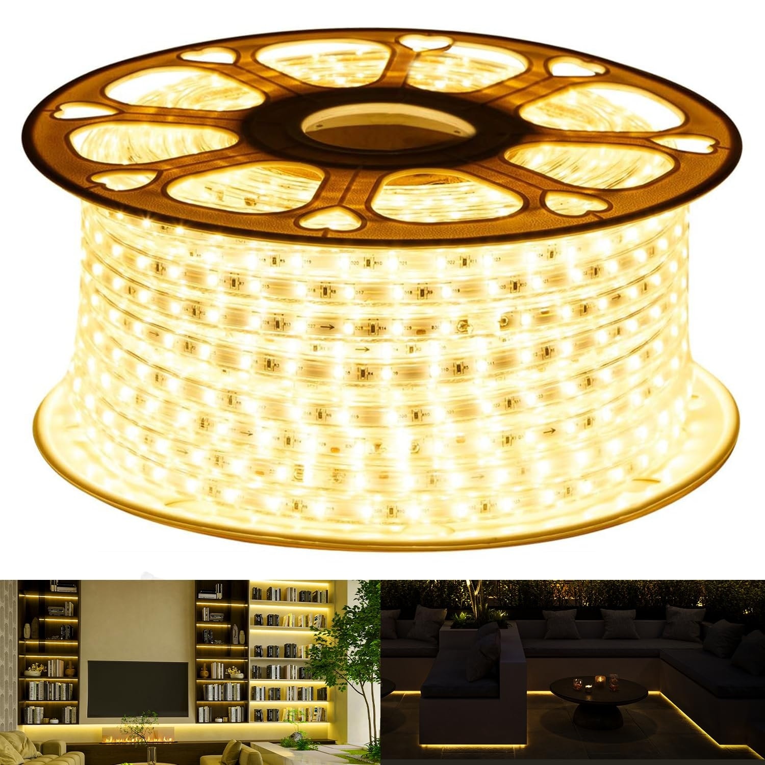 Vrbgify  1 Roll 110V LED Strip Light 131.2ft Warm White 3000K Waterproof Flexible Cuttable Connectable Indoor Outdoor Rope Lighting