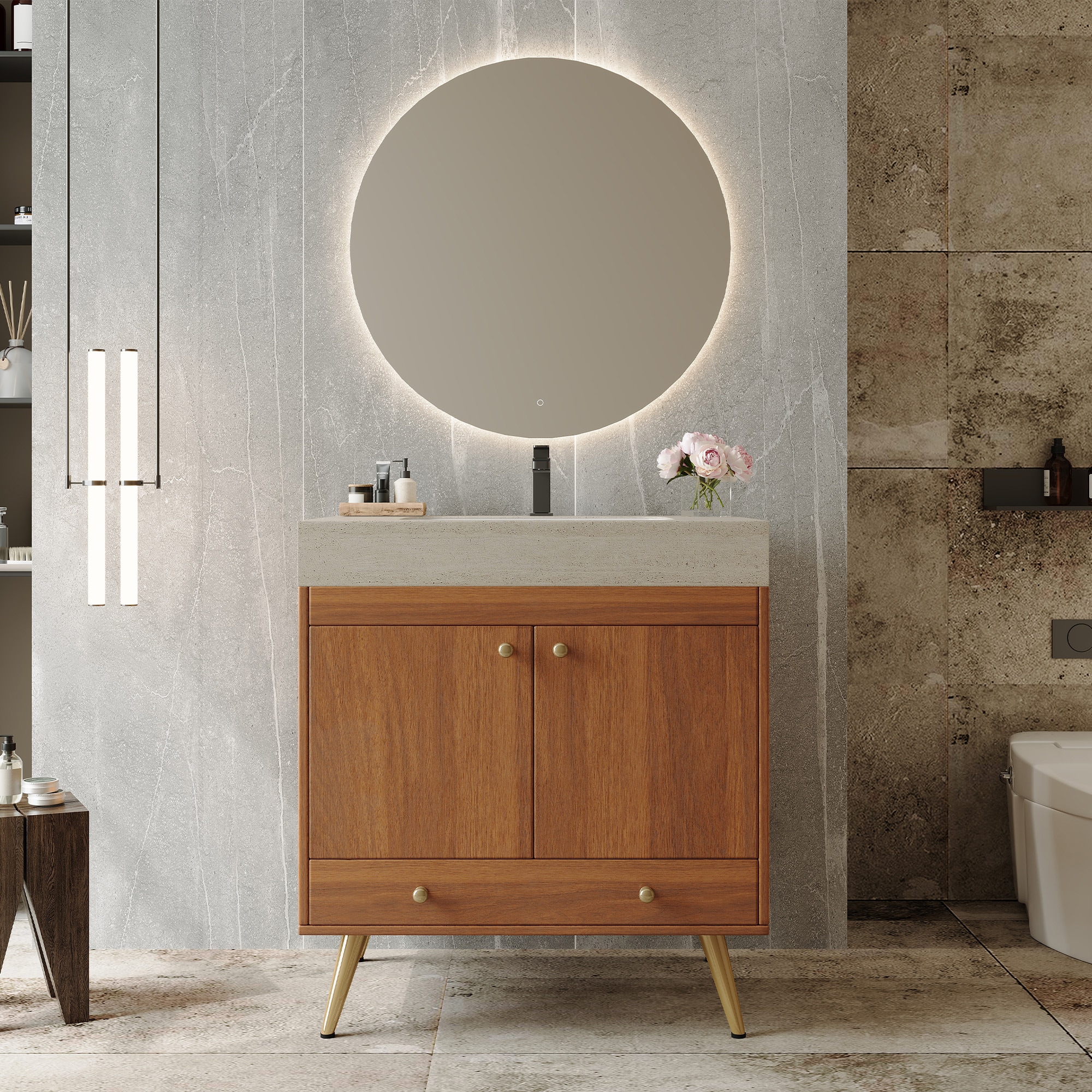 Vanityfus Mid-Century  Free-standing Bathroom Vanity with Faux Marble Top Ceramic Sink 30-in Double Door Storage Cabinet