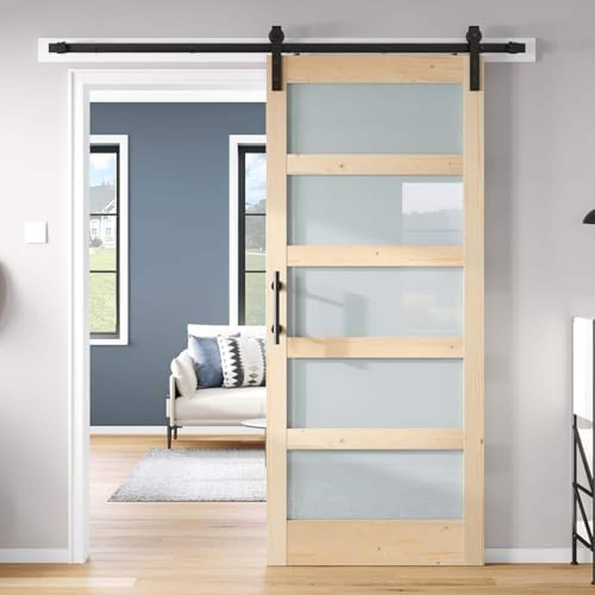 ROYMELO 36 x 84 in. Spruce Wood Frosted Glass Sliding Barn Door with 6.6 ft Hardware Kit