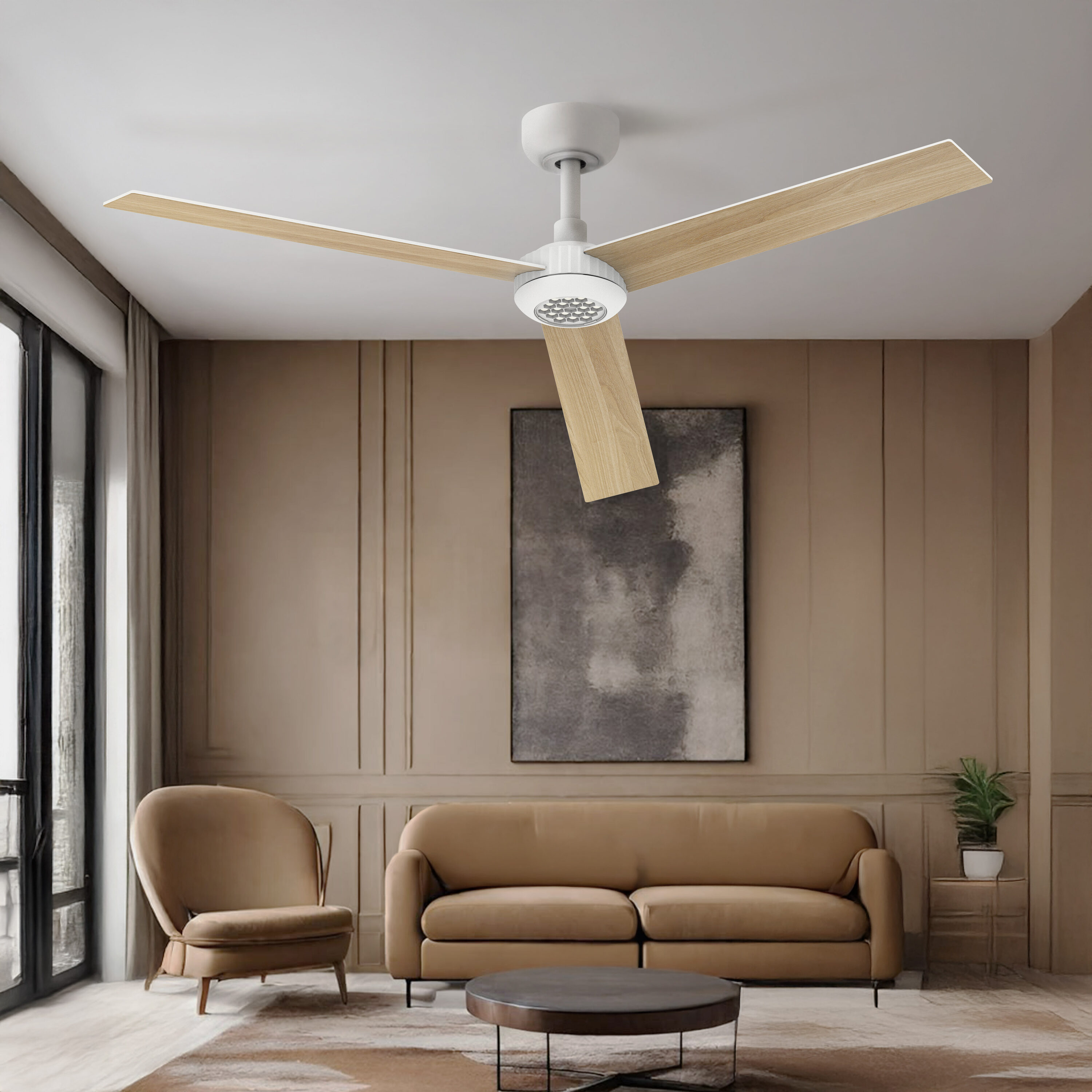 TALOYA 52-in White Downrod Ceiling Fan with Oak/White Double-Sided Reversible Blades With Dimmable 3CCT Light and Remote Control Included 3-Blade