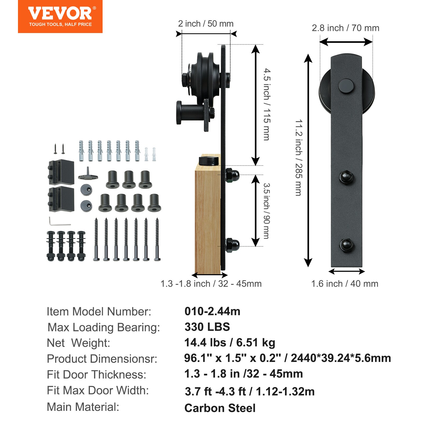 Black Steel Sliding Barn Door Hardware Kit for Double Doors