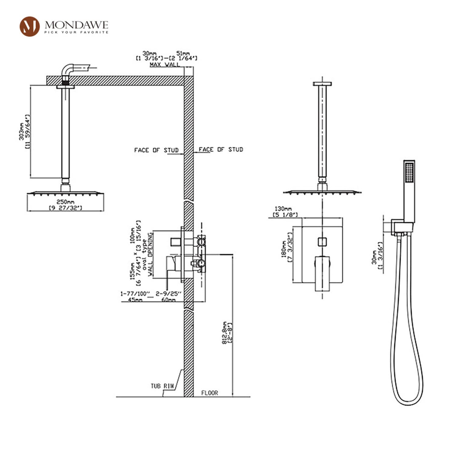 Mondawe WF6640-10BG Showerhead-Bar-Panels - View #9