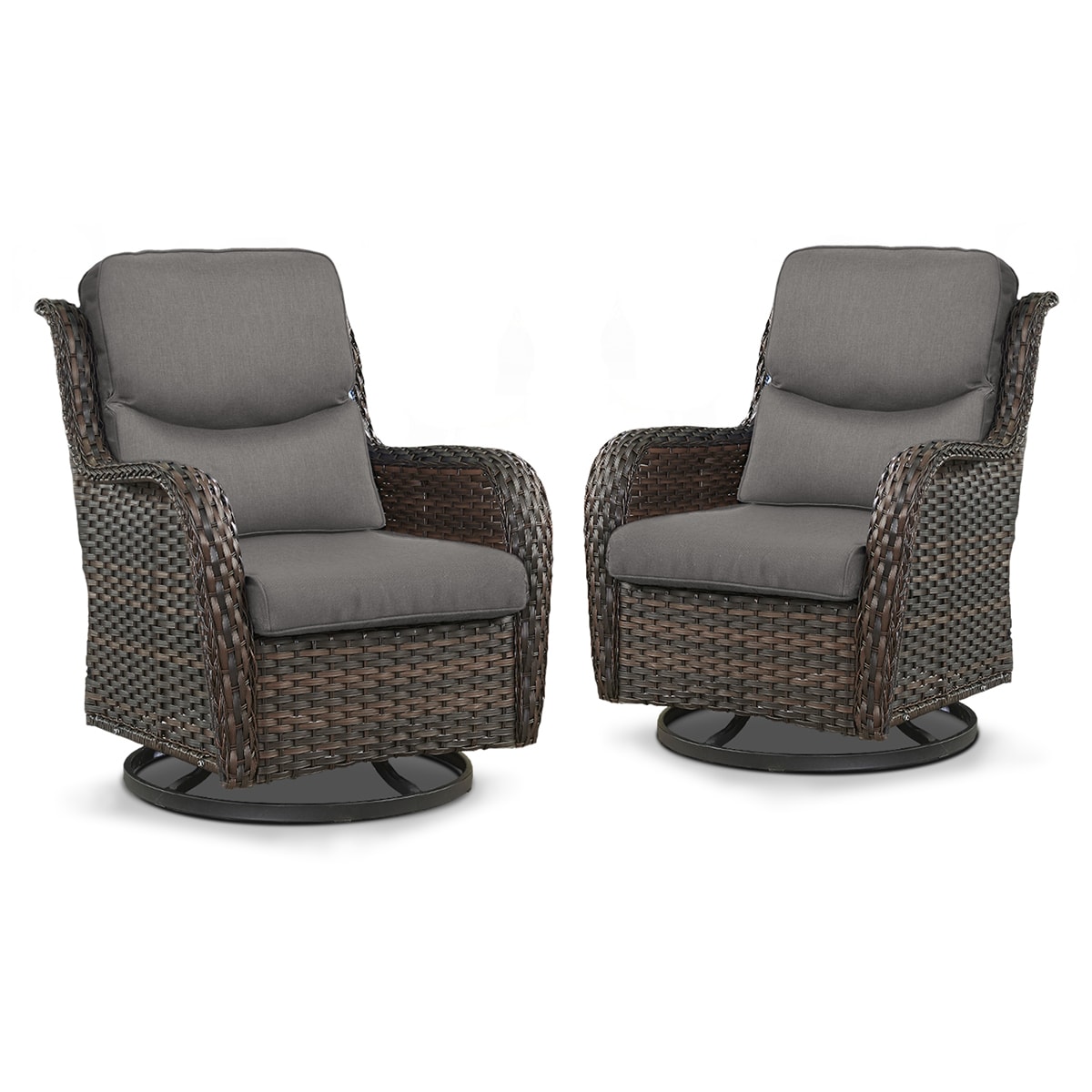 Rilyson FSXL023-3 Smiley Set of 2 Wicker Brown Wicker Frame Swivel glider Conversation Chair with Brown Gray Cushioned Seat